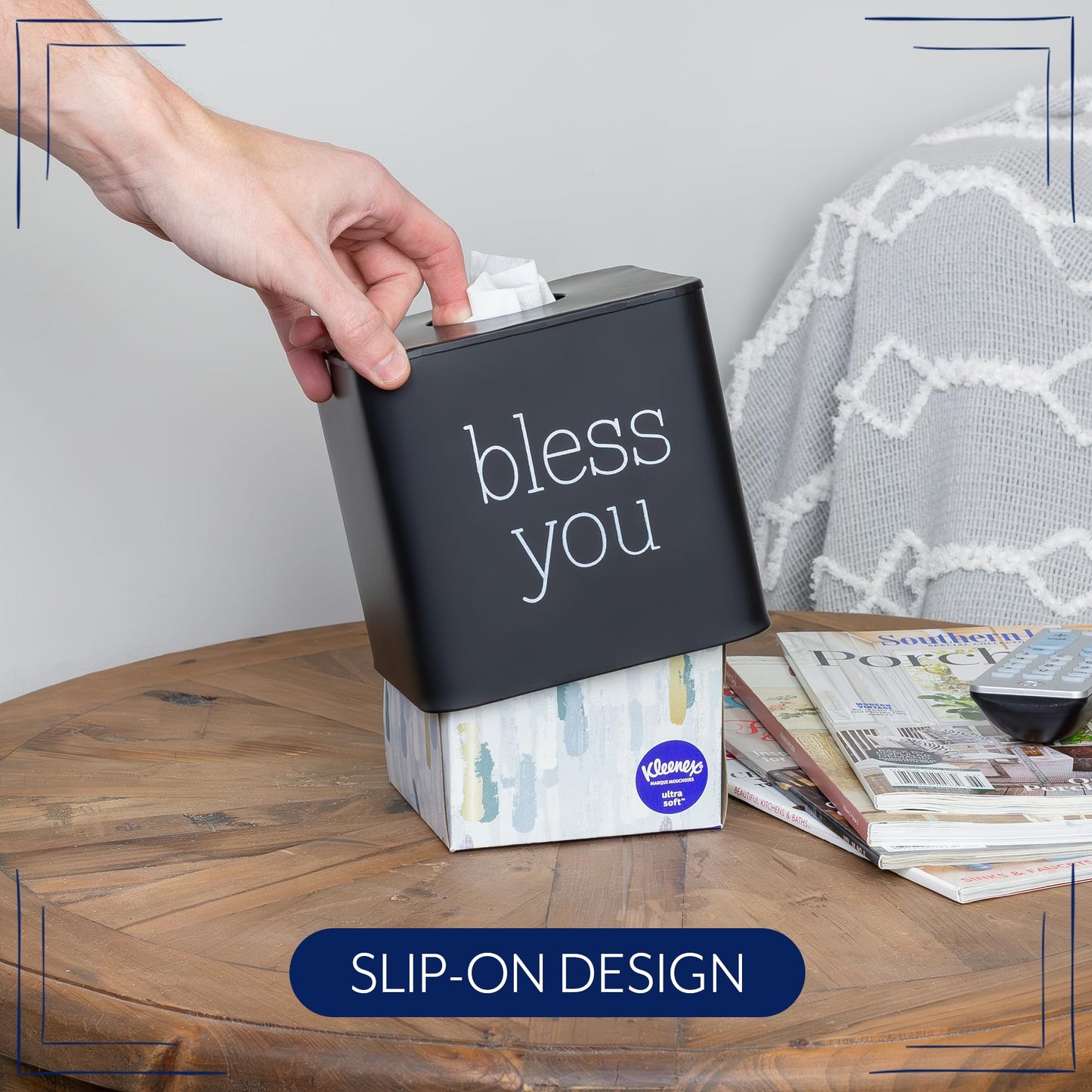 AuldHome Design Square Tissue Box Cover (Black); Modern Farmhouse Enamelware Tissue Holder