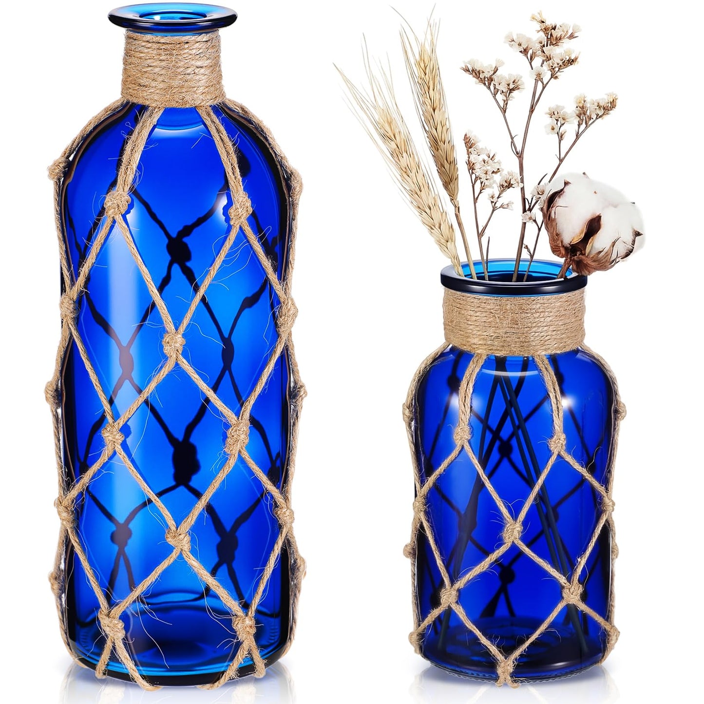 Chuangdi Set of 2 Coastal Glass Vases for Flowers TSITP Flower Vase with Boho Rope Small Sea Glass Jar Nautical Beach Bottle for Wedding Table Centerpieces Floral Arrangement Decor(Deep Sea Blue)