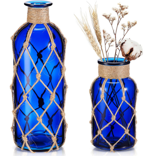 Chuangdi Set of 2 Coastal Glass Vases for Flowers TSITP Flower Vase with Boho Rope Small Sea Glass Jar Nautical Beach Bottle for Wedding Table Centerpieces Floral Arrangement Decor(Deep Sea Blue)