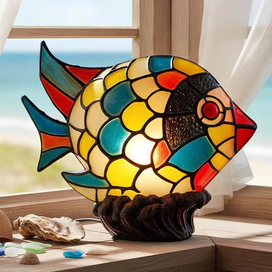Tiffany Style Fish Table Lamp, Hand-Painted Resin Tropical Fish Accent Light, Coastal Decorative Stained Resin Look Bedside Lamp for Living Room, Bedroom, Beach House Decor, Unique Nautical Gift