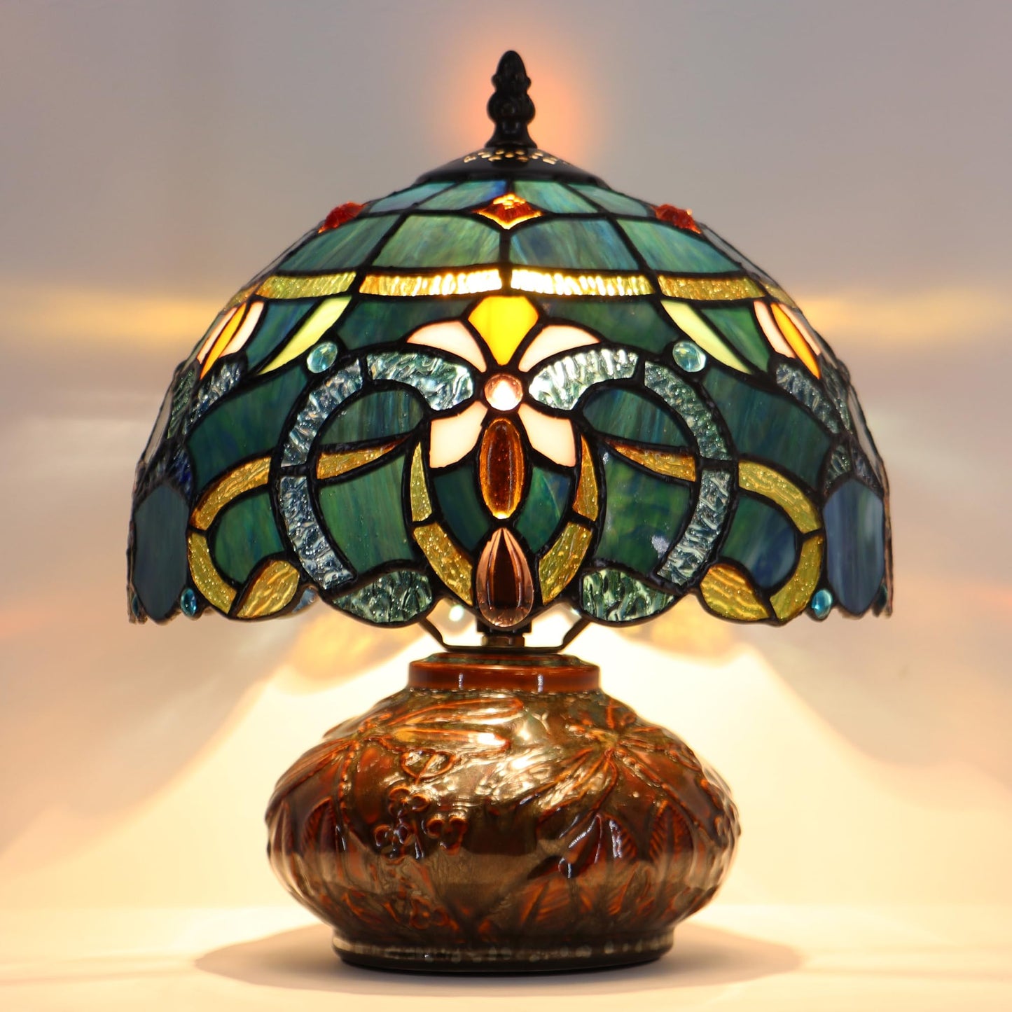 LXHCYOU Small Tiffany Table Lamp, 10X10X11 Inch Mini Stained Glass Mushroom Desk Light Memory Sympathy Ceramic lamp (Blue Baroque Style)