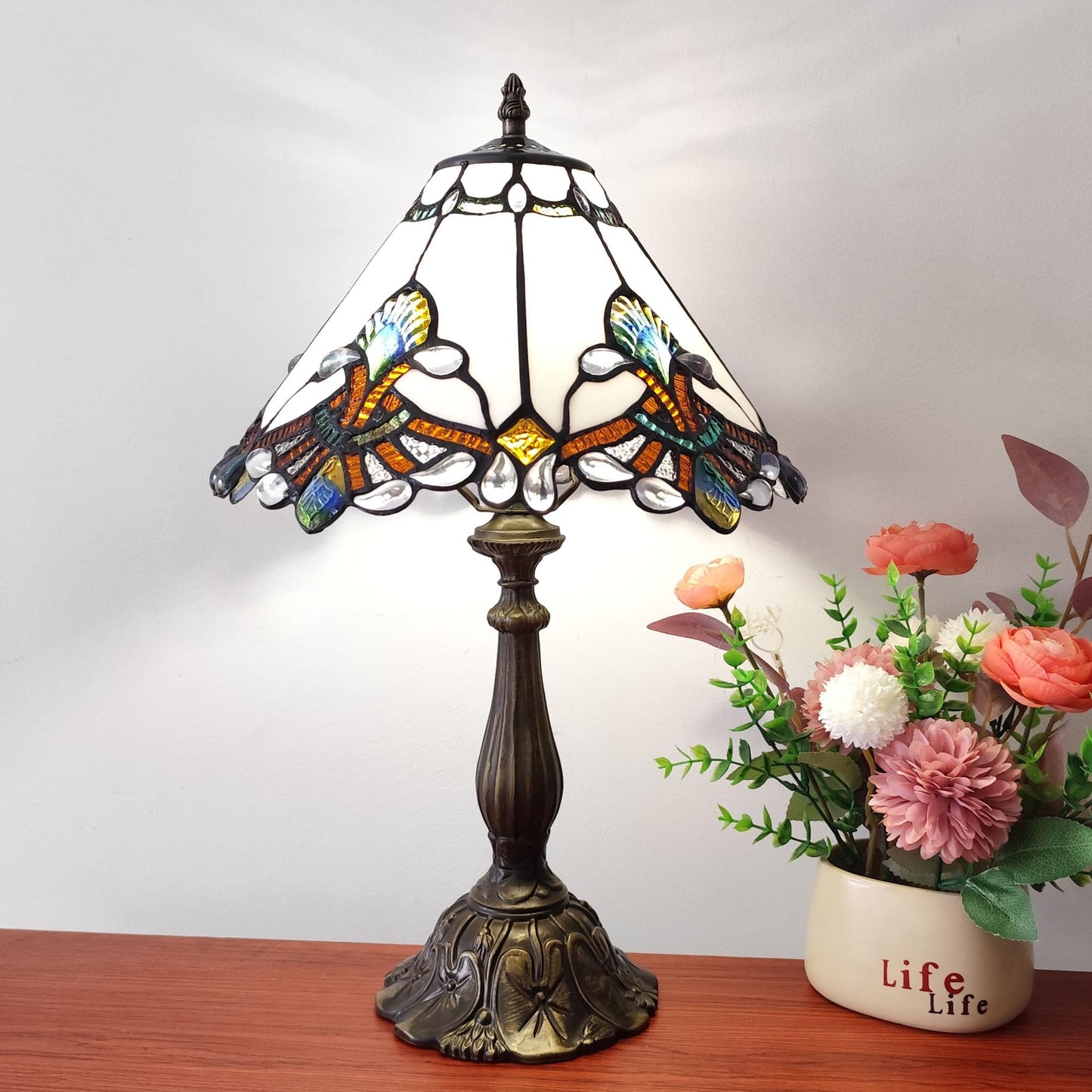 XPHMXP Tiffany Lamp White Baroque Style Stained Glass Lamp 12X12X19 inch Vintage Bedroom Table lamp 3-Way Tiffany Style Reading Desk Light for Home Living Room Office Include Light Bulb