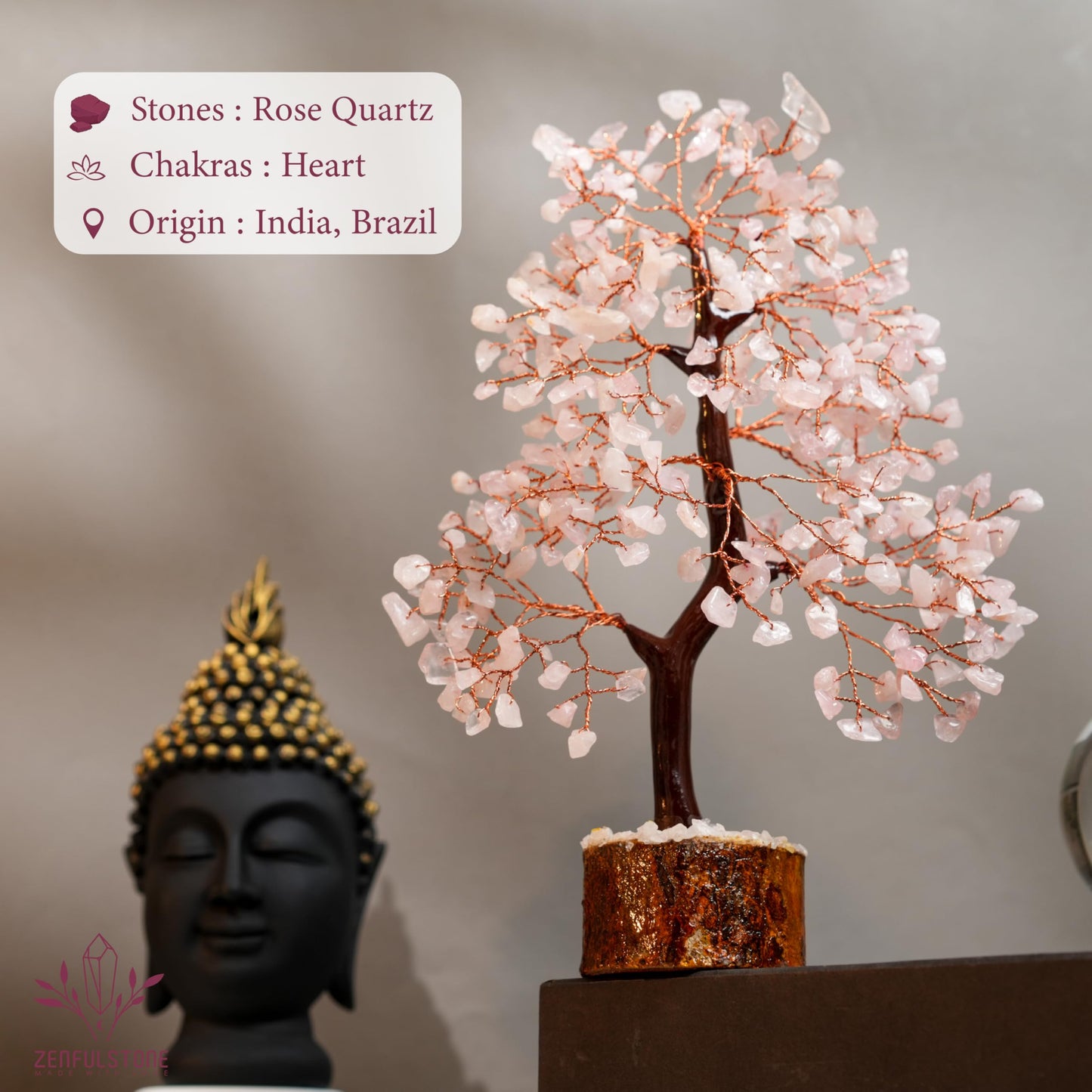 ZENFULSTONE Rose Quartz Crystal Tree of Life for Love & Healing Décor for Home and Office | Handmade Bonsai for Emotional Support & Harmony as Symbol of Piece for Loved Ones