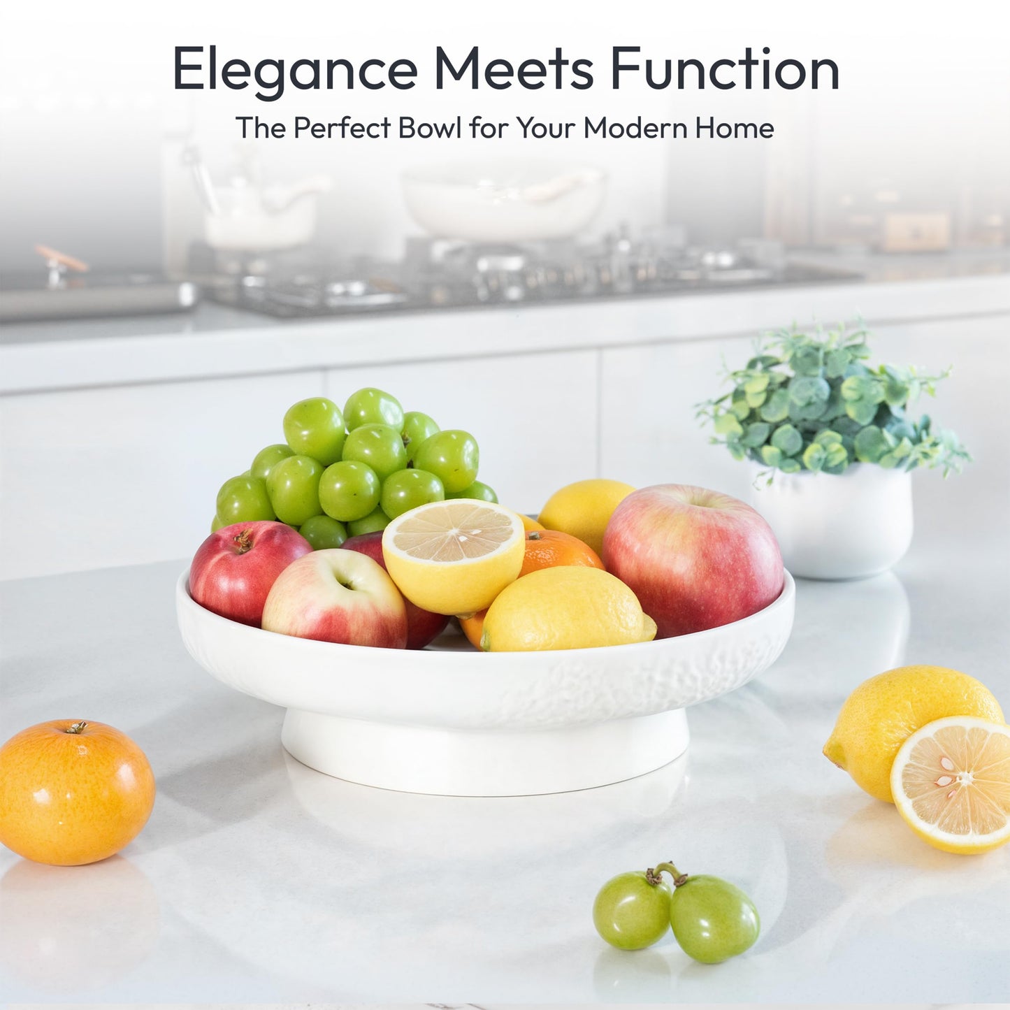 DeNestora Granite Inspired Matte White Fruit Bowl | Wide, Shallow Textured Pedestal Bowl | 11 Inch Unique Centerpiece for Table or Decor for Entryway Table