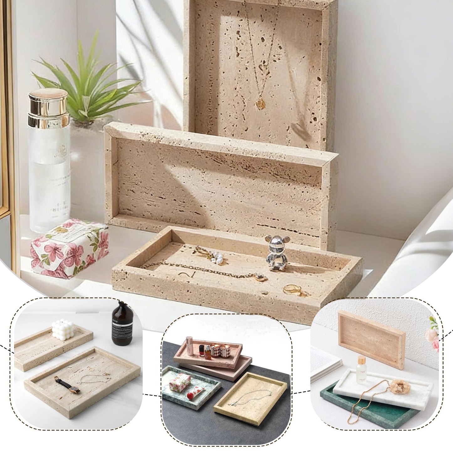 Natural Marble Tray, Stone Tray for Bedroom/Bathroom/Kitchen/Vanity Countertop, Jewelry Tray for Rings Earrings Necklace Bracelet Watch, Room Decor Aesthetic