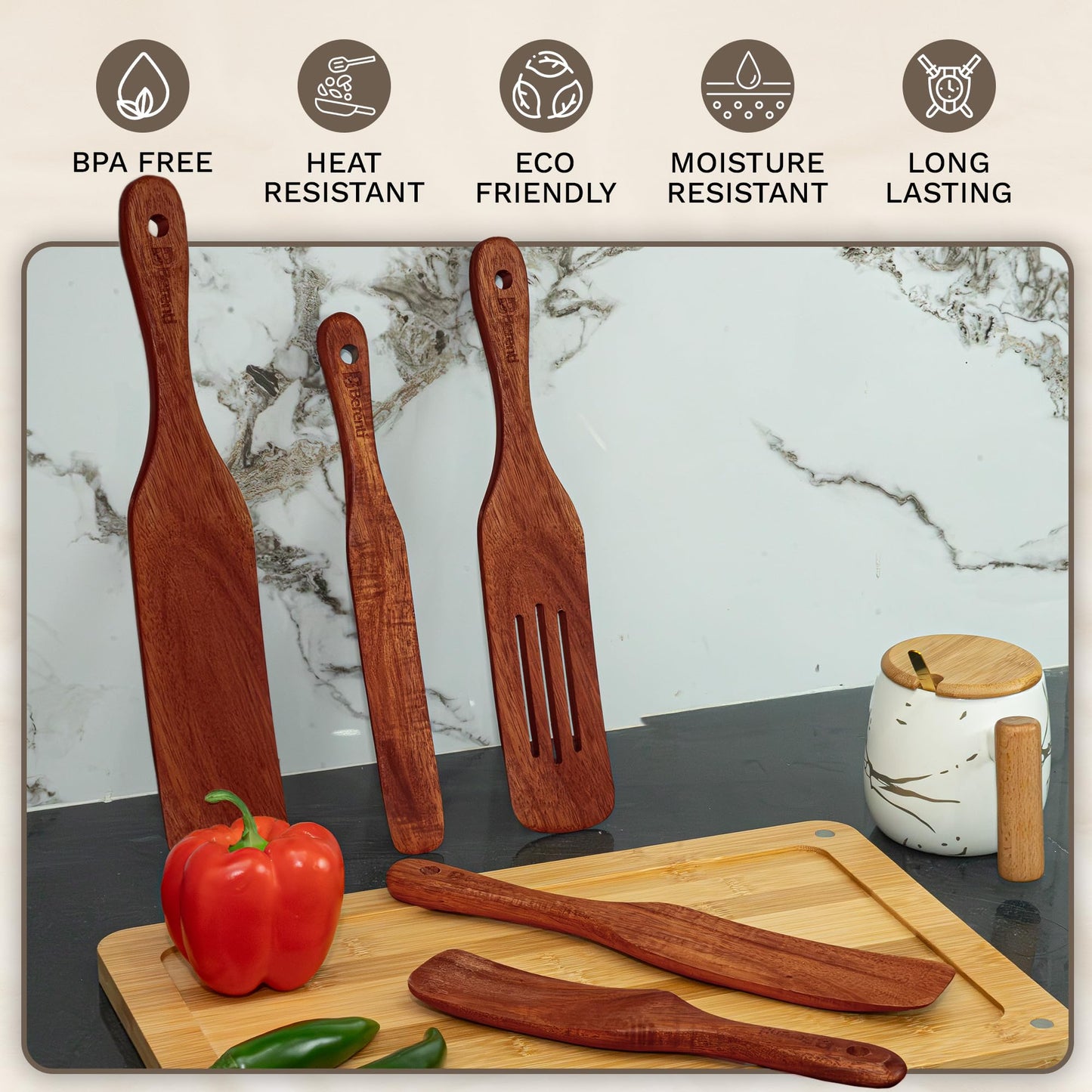 5-Pieces Wooden Spurtle Set – Acacia Wood Kitchen Tools for Cooking, Mixing & Stirring – Non-Stick Safe Spurtle Spatula Set