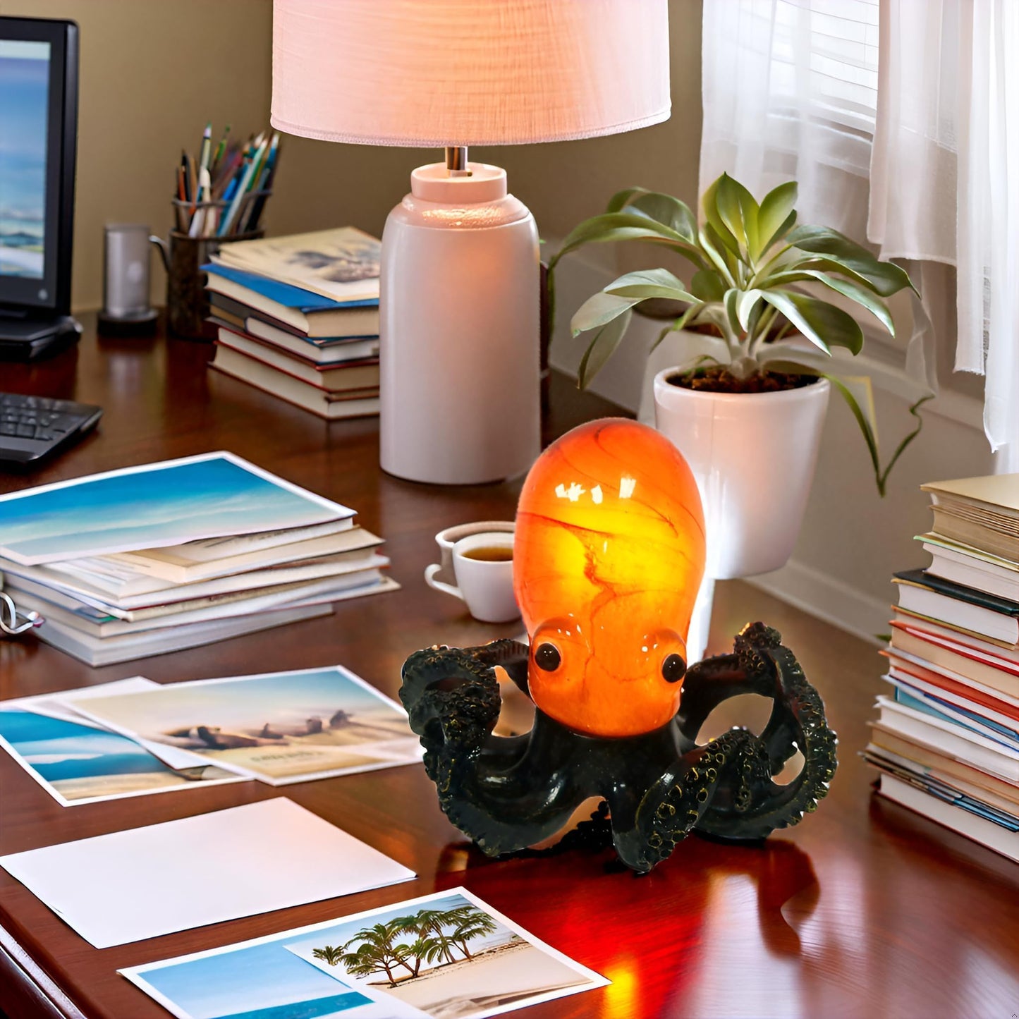 Aotmkj Octopus Lamp, Unique Bronze Resin Suction Cup Texture Tentacles Amber Glass Body Nautical Decor Art Lamp Coastal Accent Decor Night Light