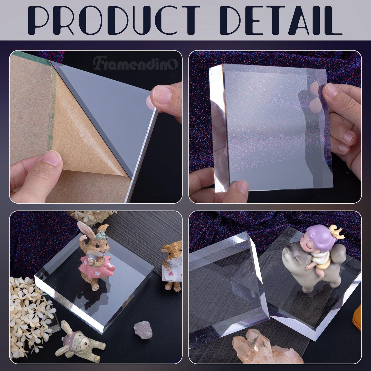 Framendino, 2 Pack Acrylic Square Display Block Clear Polished Cube Jewelry Ring Showcase Display Holder Base Stands 4 x 4 x 1 Inch