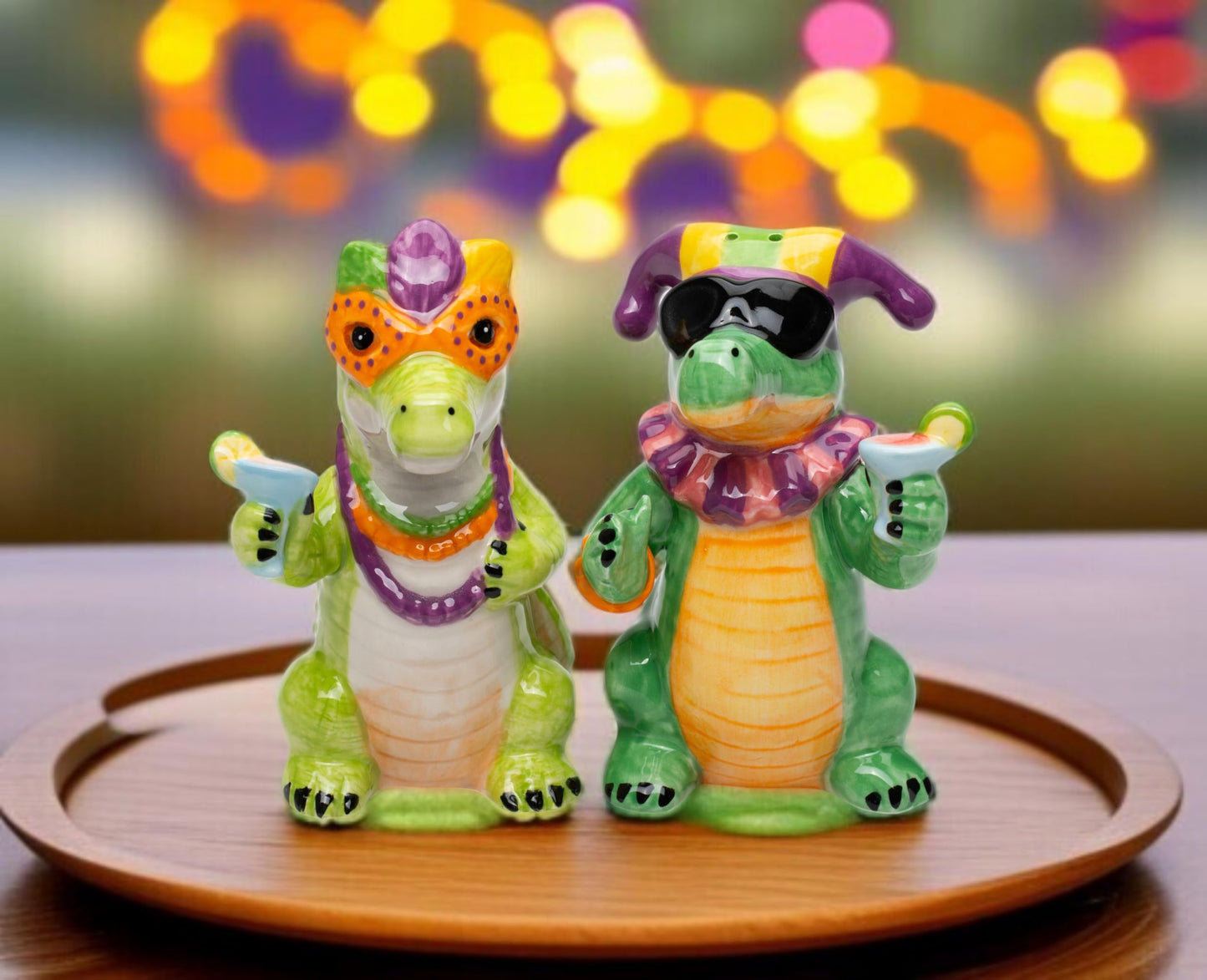 Fine Ceramic Mardi Gras Fat Tuesday Masked Crocodille Allegator Salt & Pepper Shakers Set, 3-7/8" H