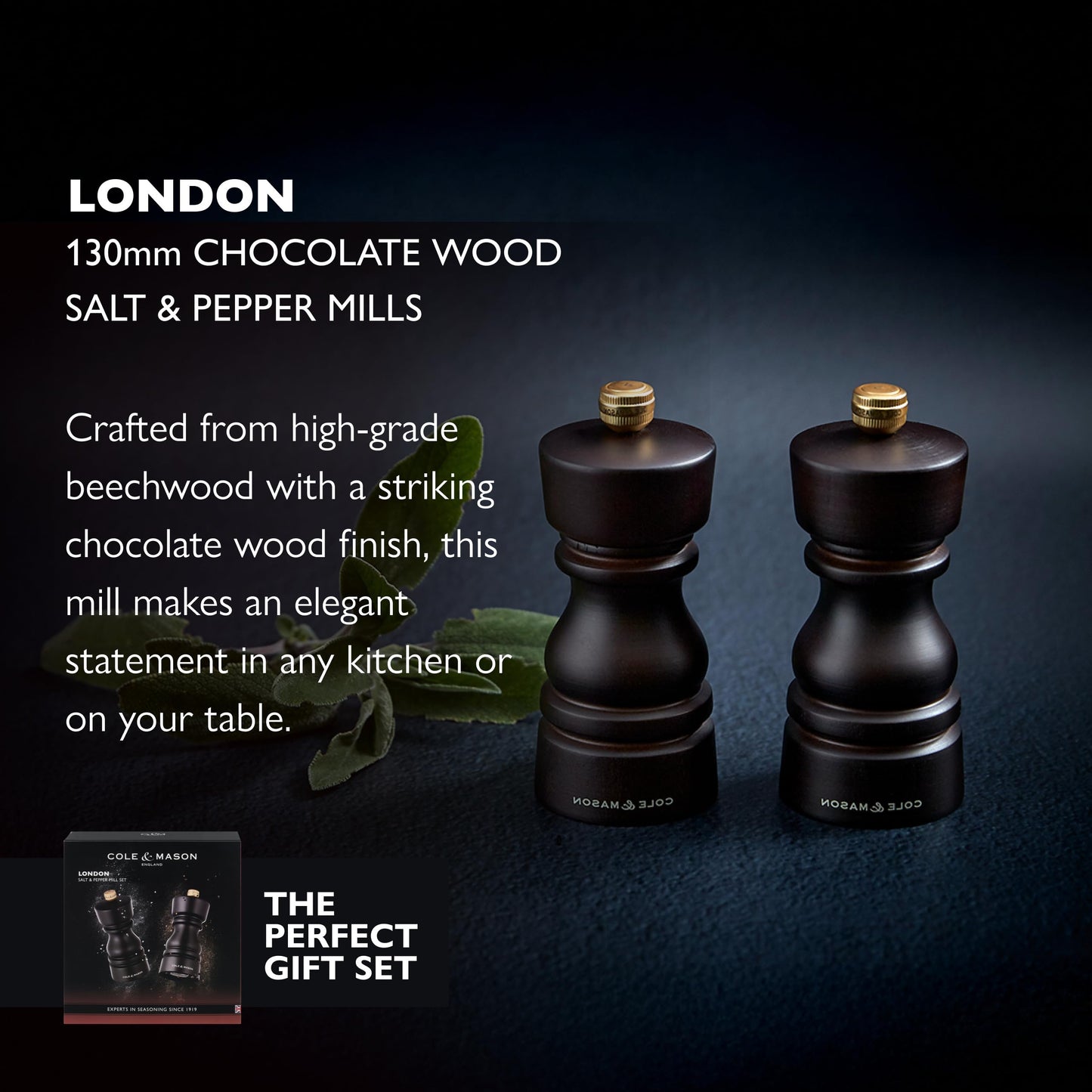 Cole & Mason London Refillable Spice Mill - Kitchen & Home Accessory - Salt & Pepper Grinder Set - Salt Mill with Ceramic Mechanism - Pepper Mill with Carbon Steel Mechanism - 5", Chocolate Wood