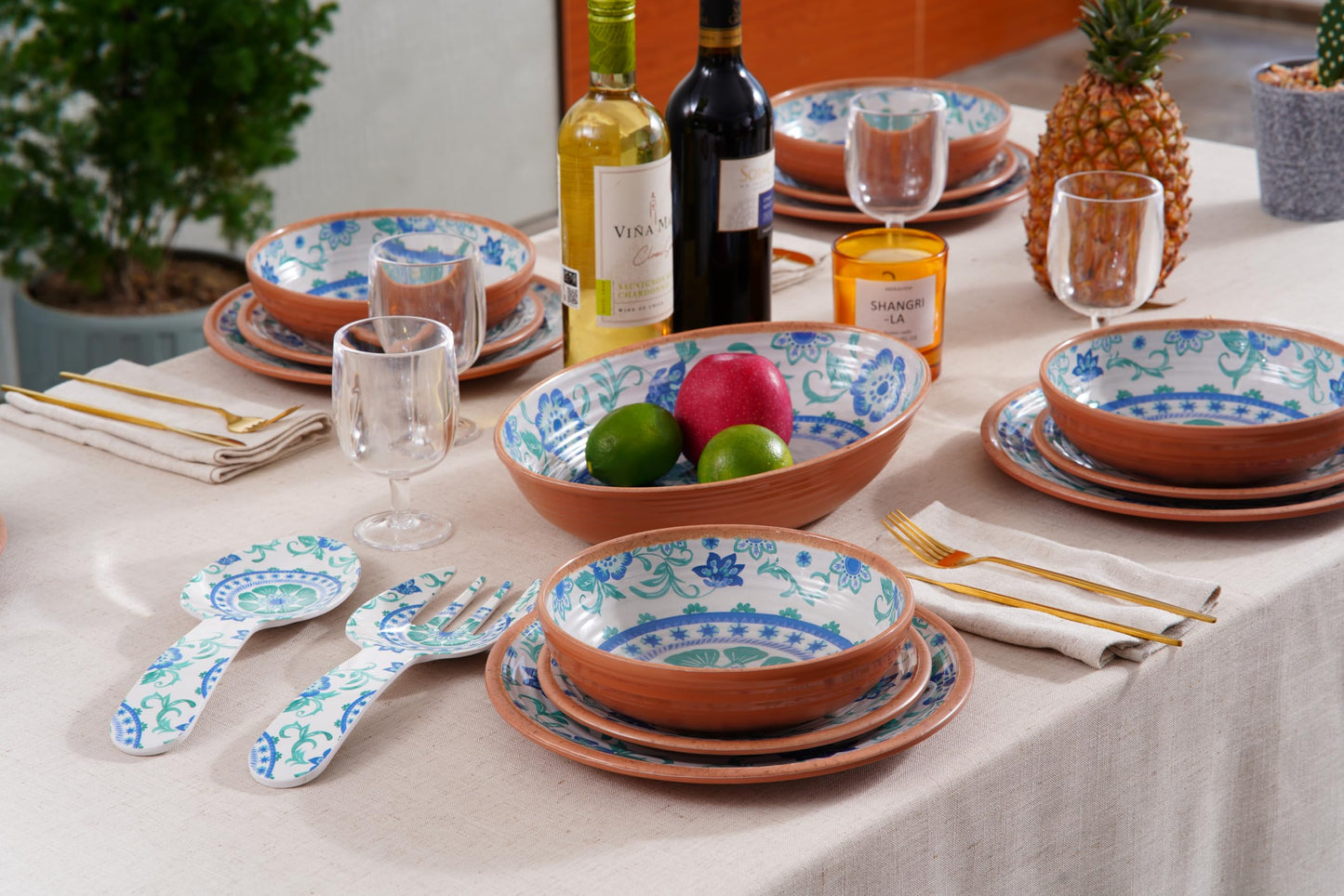 TarHong Rio Turquoise Floral Oval Serve Bowl, 13.1" x 2.6", 91.3 oz, Melamine