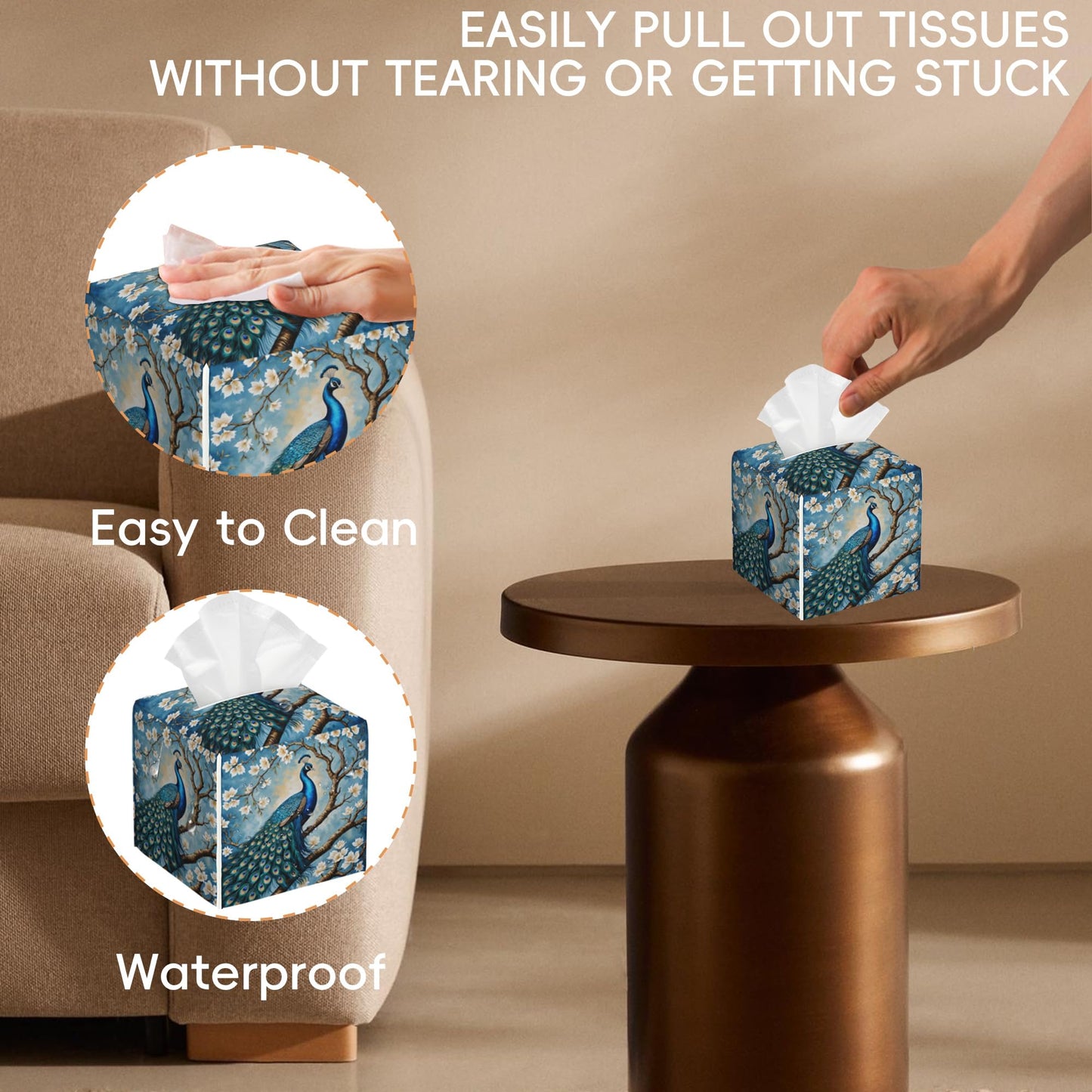Tissue Box Cover Leather Tissue Box Holder Cube Tissue Case Cover Facial Paper Organizer Dispenser for Bathroom, Vanity Countertop, Office Desk (Peacock Perched on Branch with Flowers)