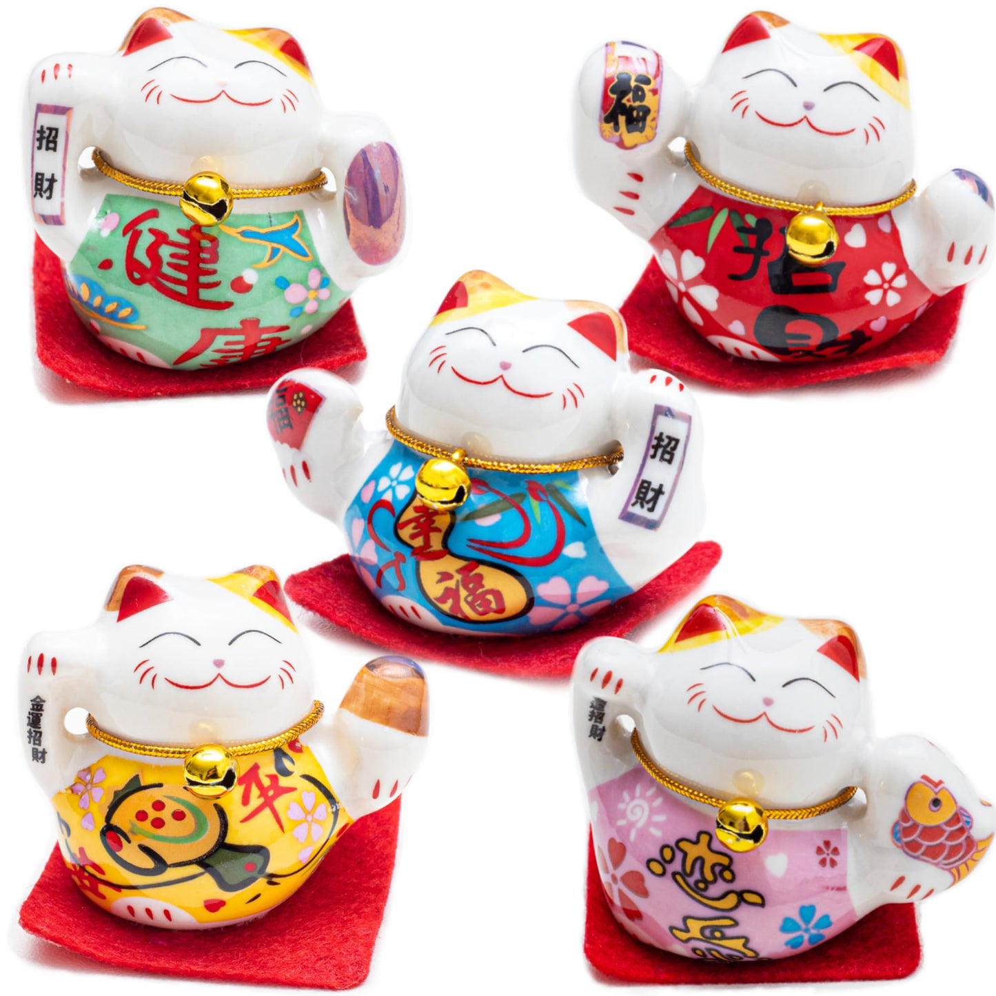 HANTHES Lucky Cat Figurines Set of 5 Mini Maneki Neko Small Cat Figurines 2 Inch Ceramic Beckoning Cat Statues Japanese Fortune Cat Decor for Home Desk Shelf Collection Gift with PVC Box