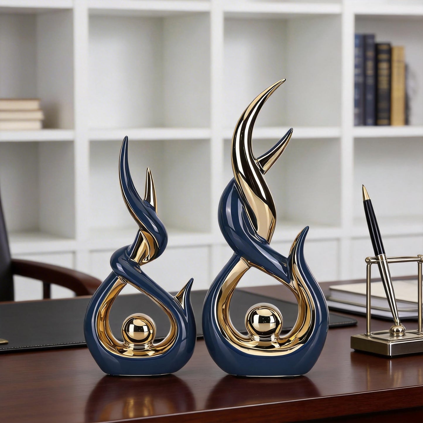 Blue and Gold Ceramic Abstract Sculpture Set of 2 Modern Medieval Style Sculpture Ideal for living room decor Serves as tabletop ornament for coffee tables, TV stands, mantelpieces, and entryways.