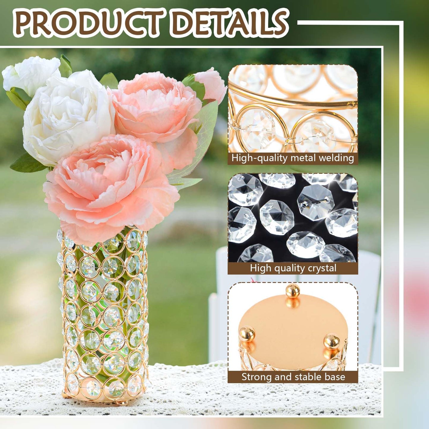 Elegant Crystal Column Vase/Candle Holder, Cylinder Flower Display Tabletop Centerpiece for Weddings & Home Decor (4, Gold)