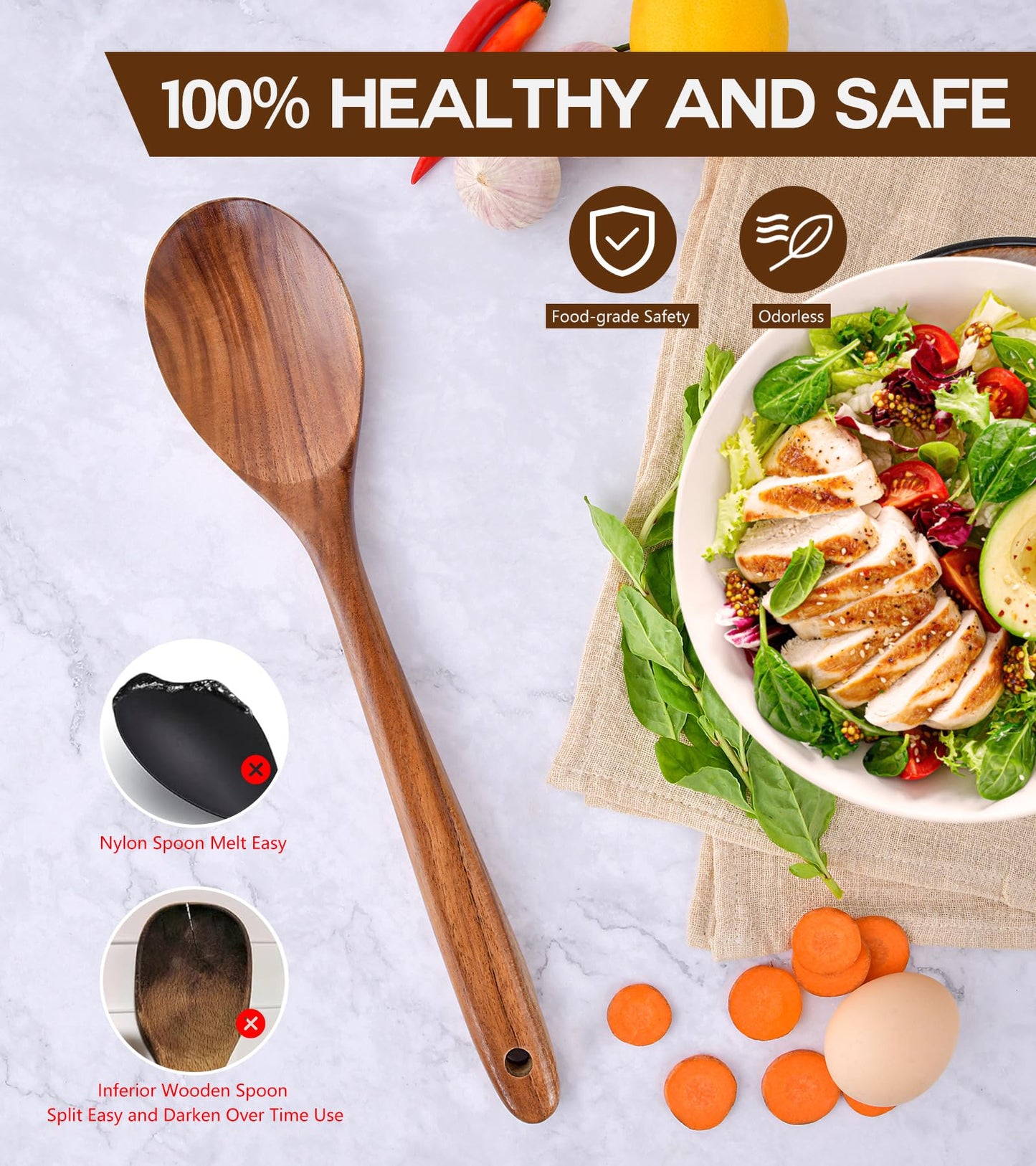 Wooden Spoons for Cooking, Natural Premium Teak Wooden Spoons, Good Grip Large Cooking Spoons and Wooden Spatula, Heat Resistant Wooden Cooking Utensils for Nonstick Cookware Serving, Perfect Gifts