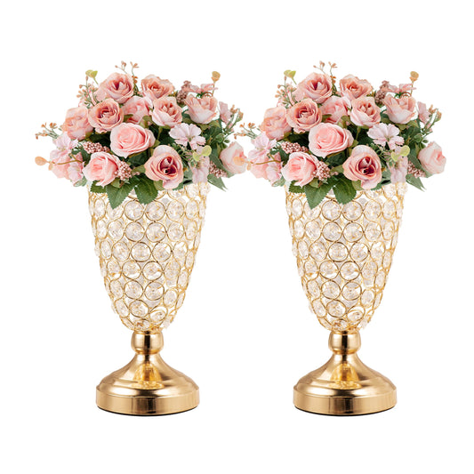 Gold Crystal Trumpet Floral Vase -2 Pcs Centerpieces for Wedding Table, 10.6" Wrought Iron Crystal Vase, Flower Vases for Party Dinner Centerpiece Event, Anniversary Ceremony Birthday Home Decoration