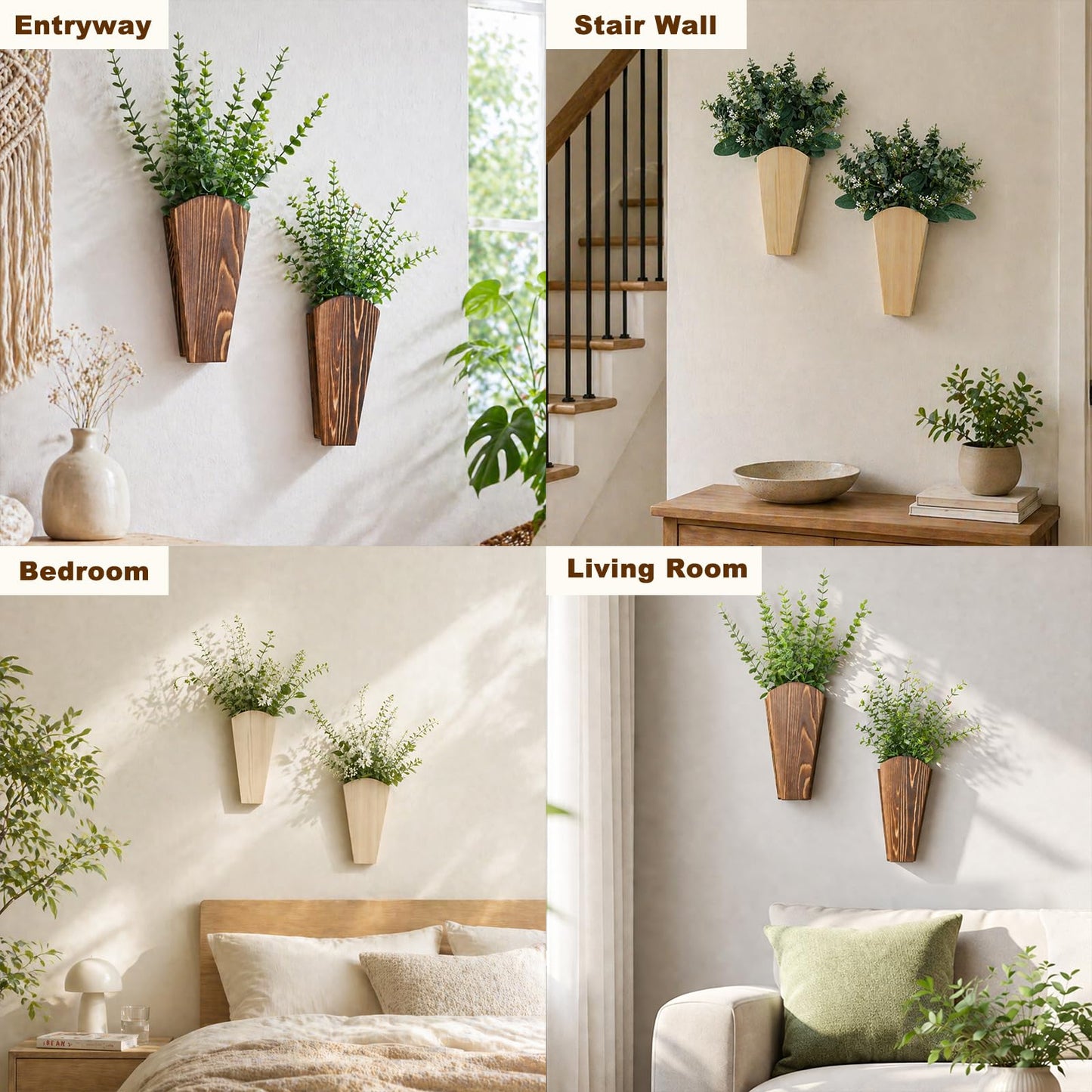 Artilady 2 Pack Wooden Wall Vase Boho Decor, Wall Mounted Hanging Planter for Indoor Modern Farmhouse Wall Art for Living Room Bathroom Hallway Bedroom (Charcoal, Fan Tapered)