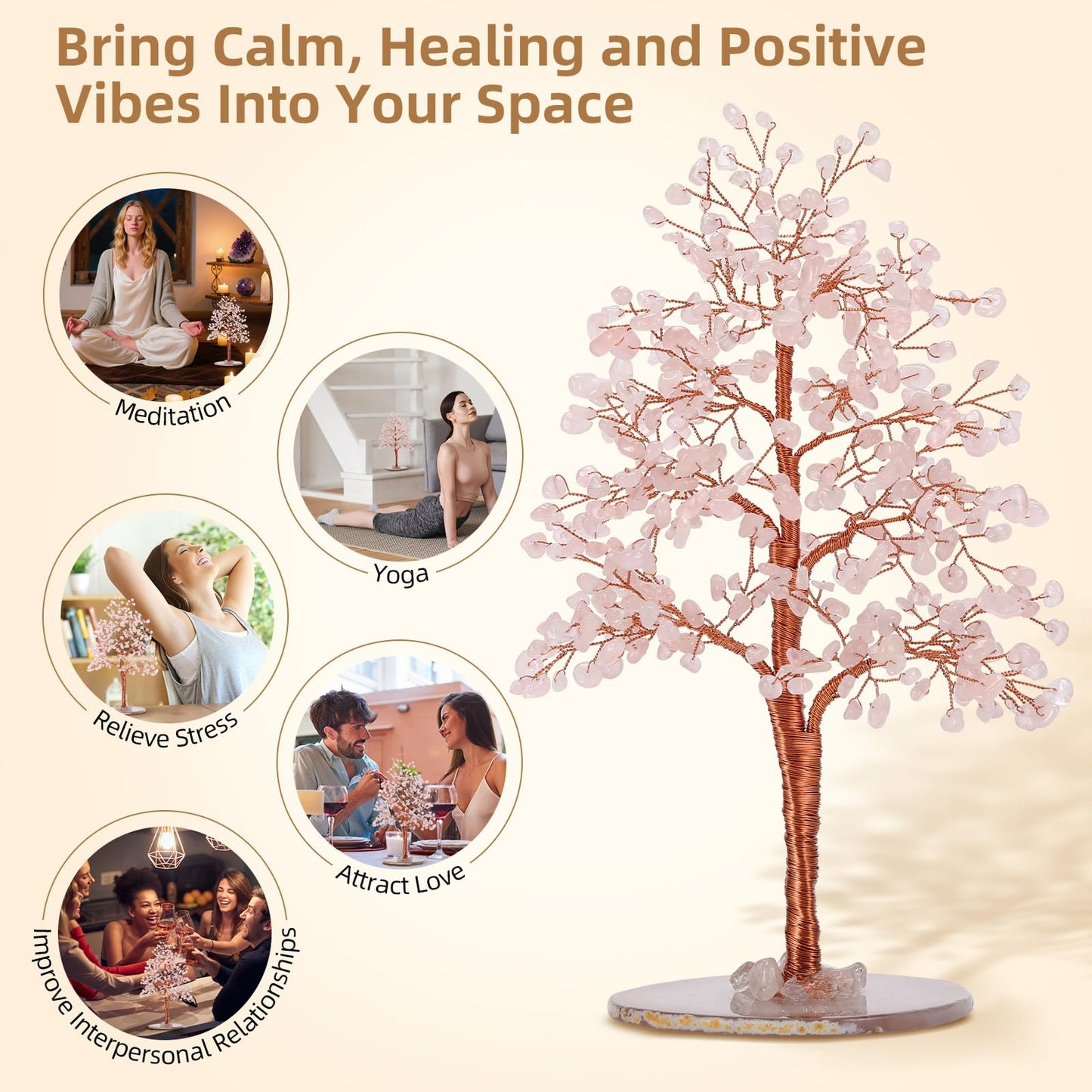Hopeseed Rose Quartz Chakra Crystal Tree of Life Handmade Bonsai Healing Crystals Tree for Home, Desk, Living Room, Office Decor for Positive Energy, Good Luck Birthday Gift for Women, Mom, Men