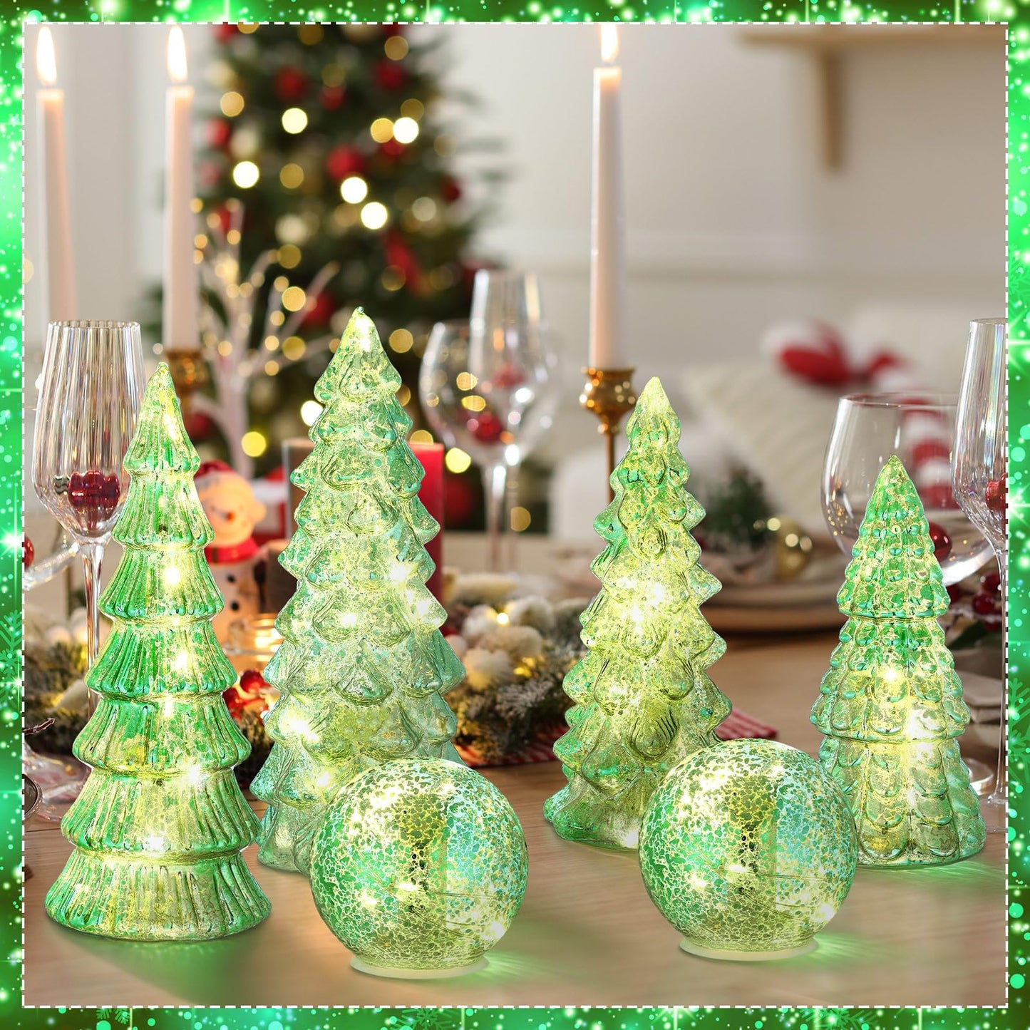 Syhood 6 Pcs Sage Green Mercury Glass Christmas Tree for Tabletop Light up Figurine Christmas Tree Mercury Cracked Glass Globe with Light for Xmas Decor Home Party Centerpiece Mantel Gift