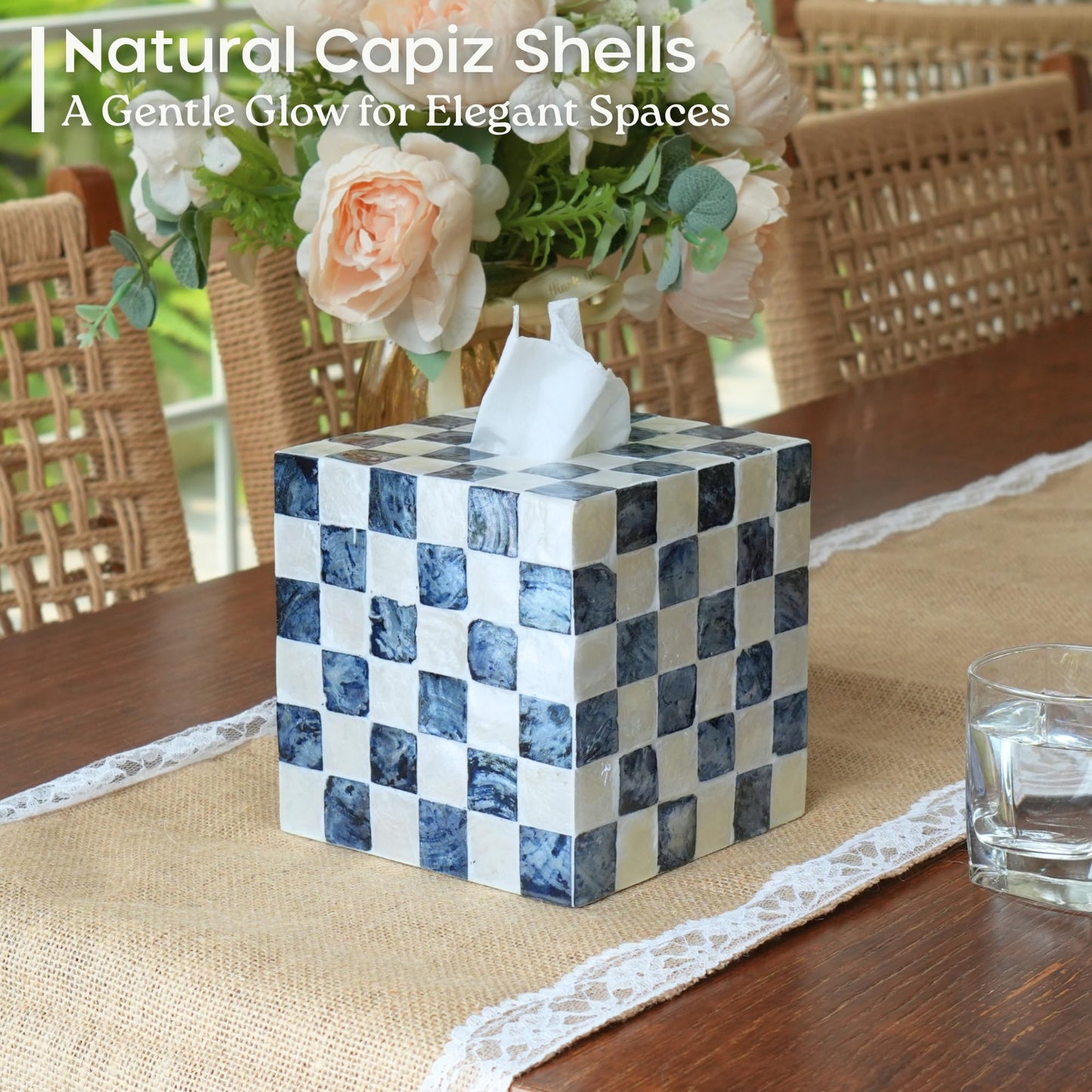 CHI AN HOME 5.5" Square Tissue Box Cover, Handmade Checkered Cube Tissue Box Cover with Capiz Shells, Decorative Mother of Pearl Tissue Holder for Living Room, Bathroom, Bedroom or Office (Navy Blue)