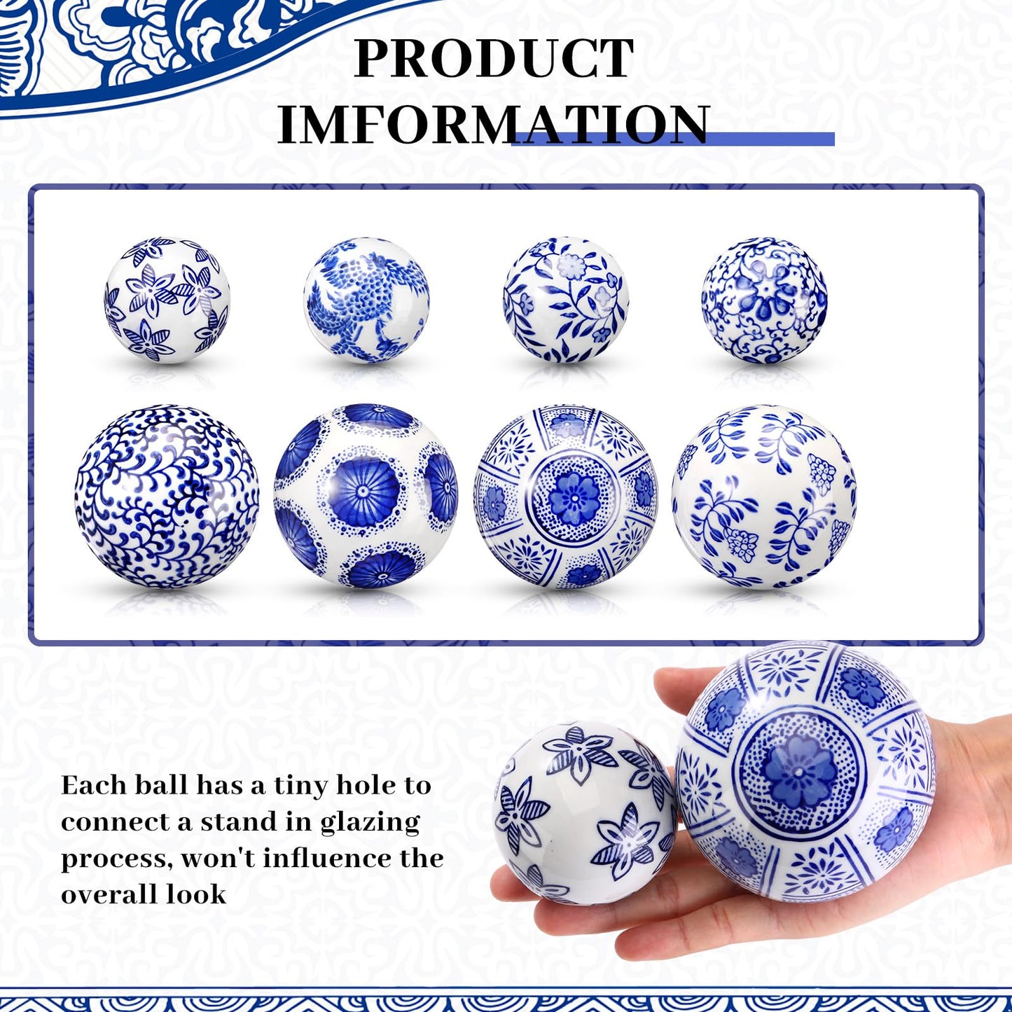 Ziliny 8 Pcs Porcelain Decorative Balls for Centerpiece Bowls 3.14'' /2.36'' Blue and White Ceramic Chinoiserie Balls for Vases Tray Bowl Basket Tables Christmas Wedding Party Home Decor