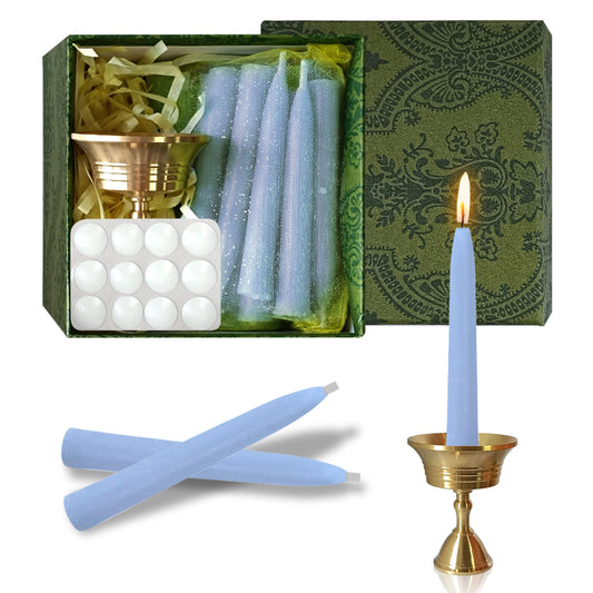 30 Minute Meditation Candle Seasalt Scented Mini Taper Candles with Brass Holder & Candle Sticky Dots, Blue Meditation Candles for Ritual Prayer Yoga Relaxation, 30PCS