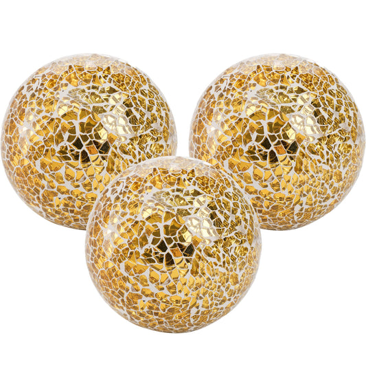 TOPZEA 3 Pack 4 Inch Gold Mosaic Glass Orbs, Decorative Balls Mosaic Spheres for Vase Fillers, Dinning & Coffee Table Centerpieces, Bowl Decor, Home & Christmas Decorations