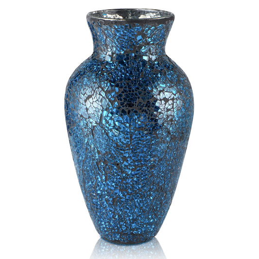 MDLUU Mosaic Vase 11" Tall, Handcrafted Cracked Glass Vase, Decorative Flower Vase for Home Decor, Wedding, Table Centerpiece, Gift (Navy Blue)