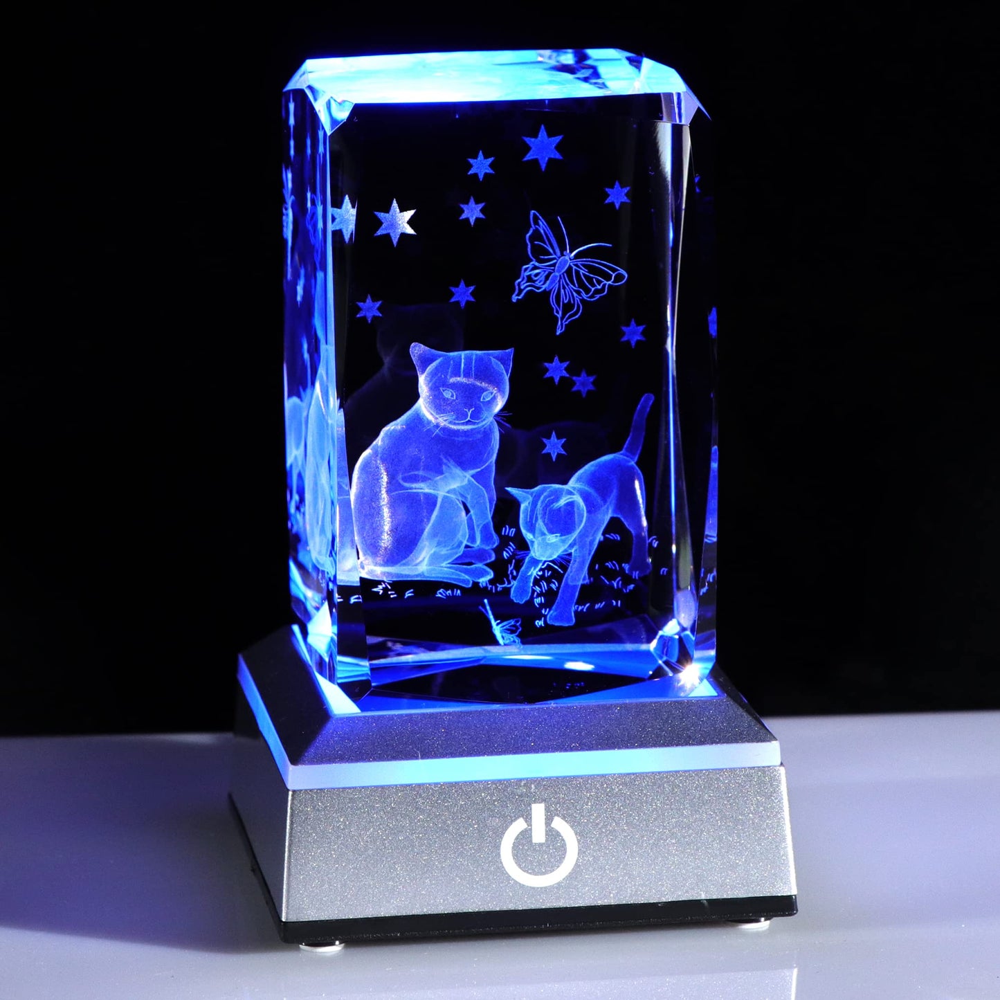 Crystal 3D Cats with Butterfly Figurine - Cat Themed Gifts for Women & Men - Glass Keepsake Ornaments with Colorful LED Light - Birthday Gifts for Friends