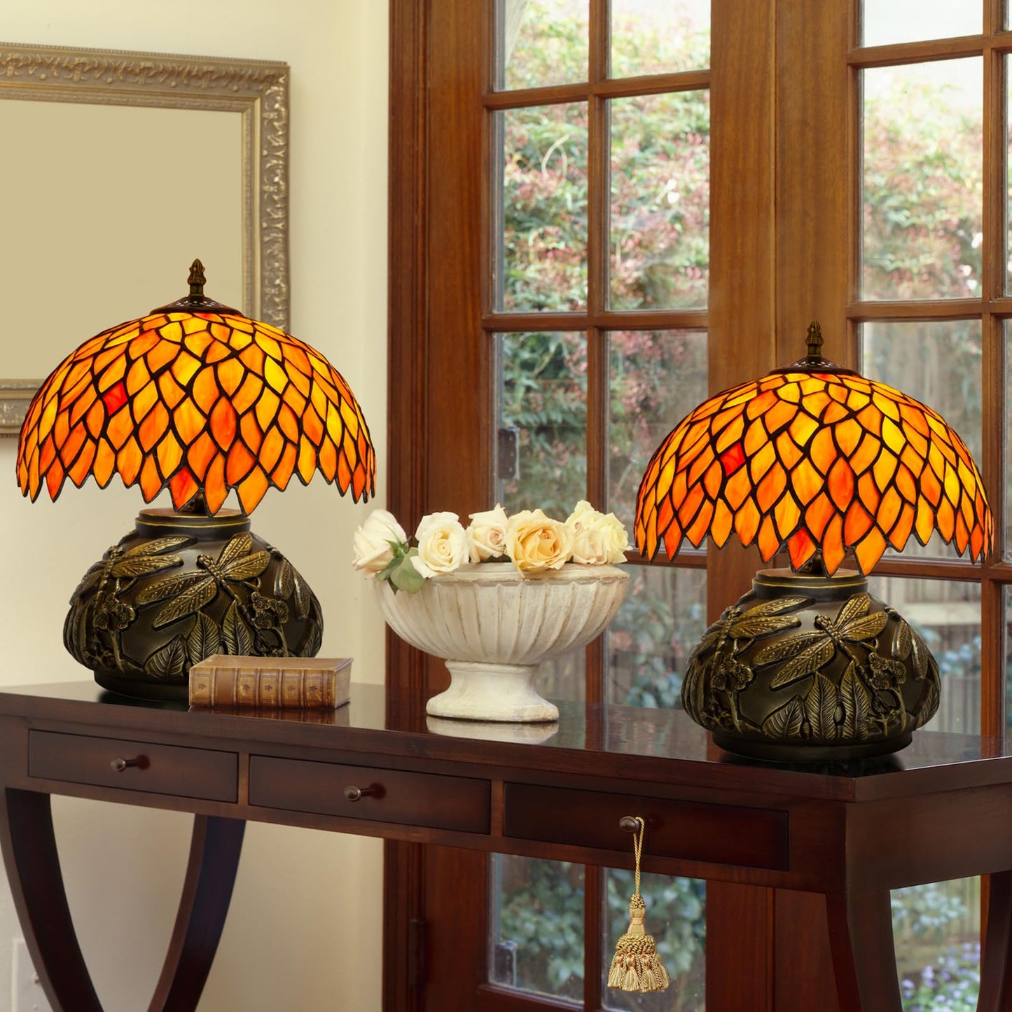 Ppbmocw Tiffany Table Lamp Orange Wisteria Style Stained Glass Lamp for Bedside,Bedroom,Living Room,12 Inch Small Vintage Mushroom Desk Lights Included E26 LED with Remote Control(Autumn Leaves)