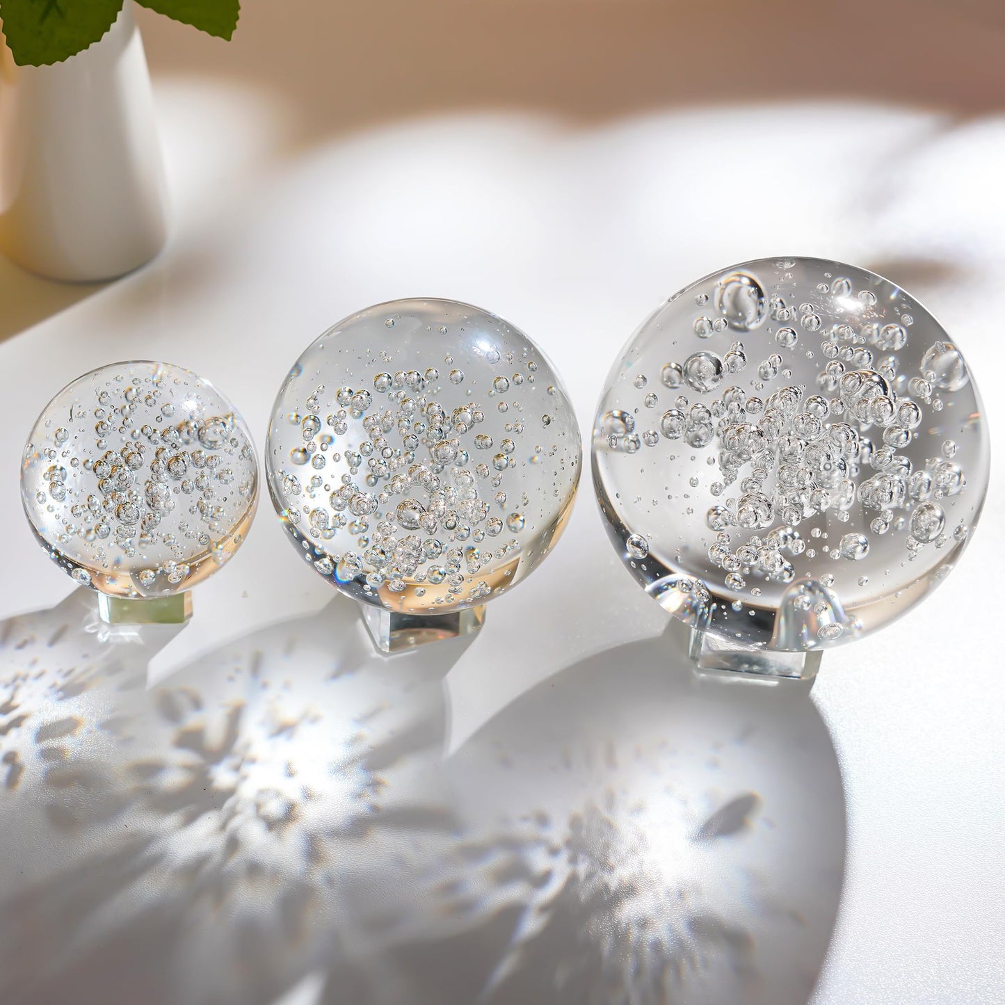 Crystal Ball Set of 3 K9 Bubble Glass Decorative Spheres with Stands