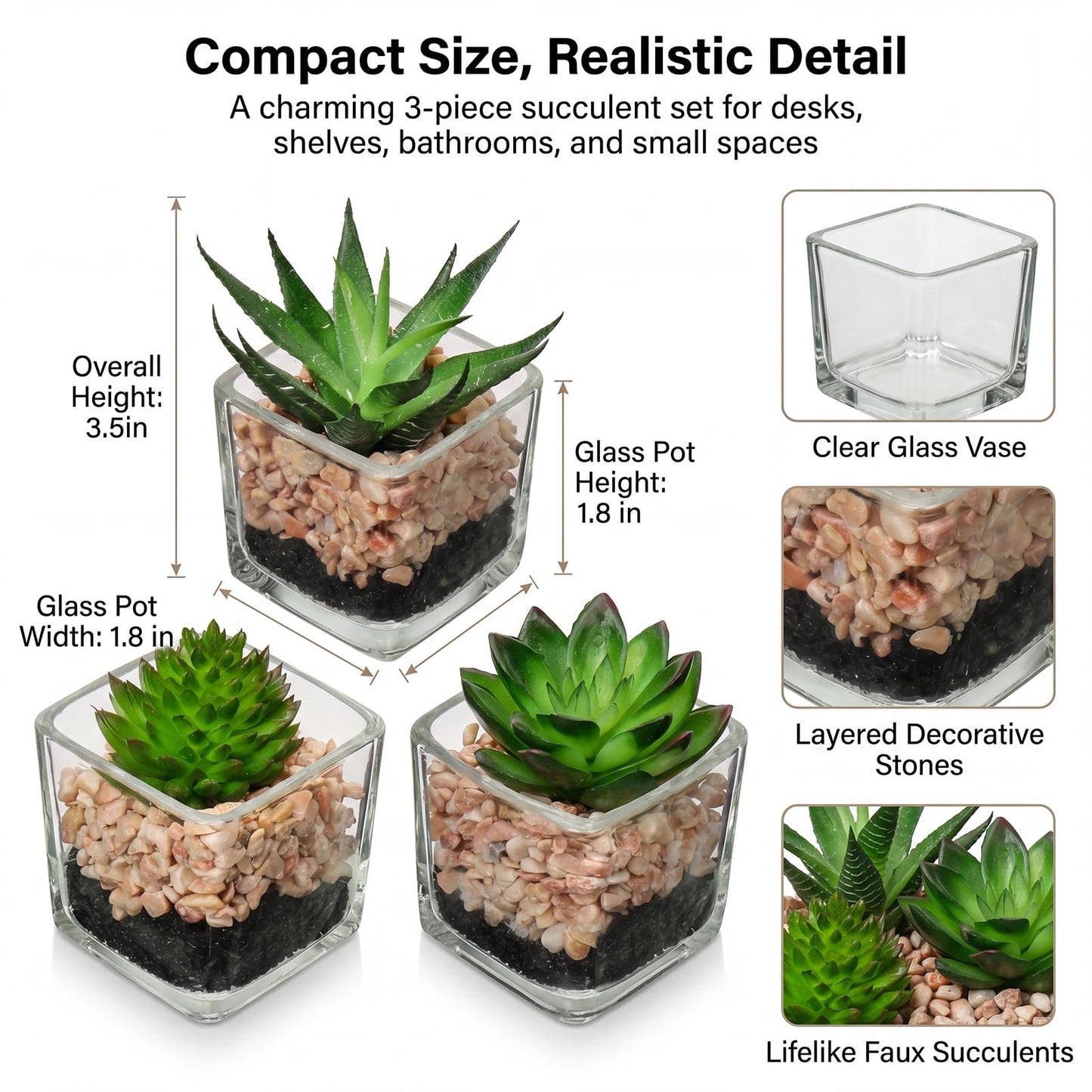 Briful Set of 3 Succulents Plants Artificial in Glass Pots Small Fake Succulents Plants Faux Plants Indoor for Home Office Table Desk Shelf Room Decor