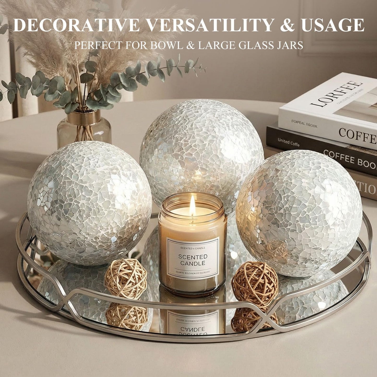 DomeStar 3PCS Decorative Balls for Bowls, 4 Inch White Orbs Glass Balls for Centerpiece Bowls Mosaic Sphere for Home Decoration Dining Table