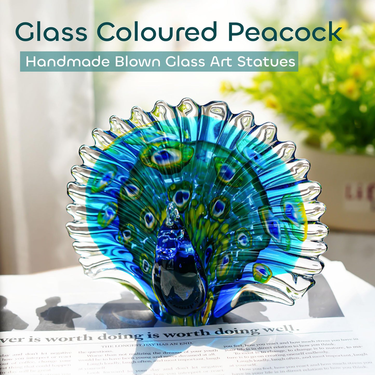 Crystalsuncatcher Hand Blown Glass Peacock Figurines Collectible Gift for Women Glass Art Animal Sculpture for Home Table Decorations (7.5in,Green)
