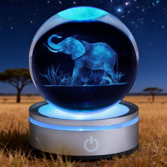POSSHE Elephant Gifts, 3D Elephant 3.15 Inch (80mm) Crystal Ball Lamp with Battery Powered, RGB Color Light for Birthday Xmas Cool Upgraded Animal Figurines Gifts for Room Decor Boys Girls