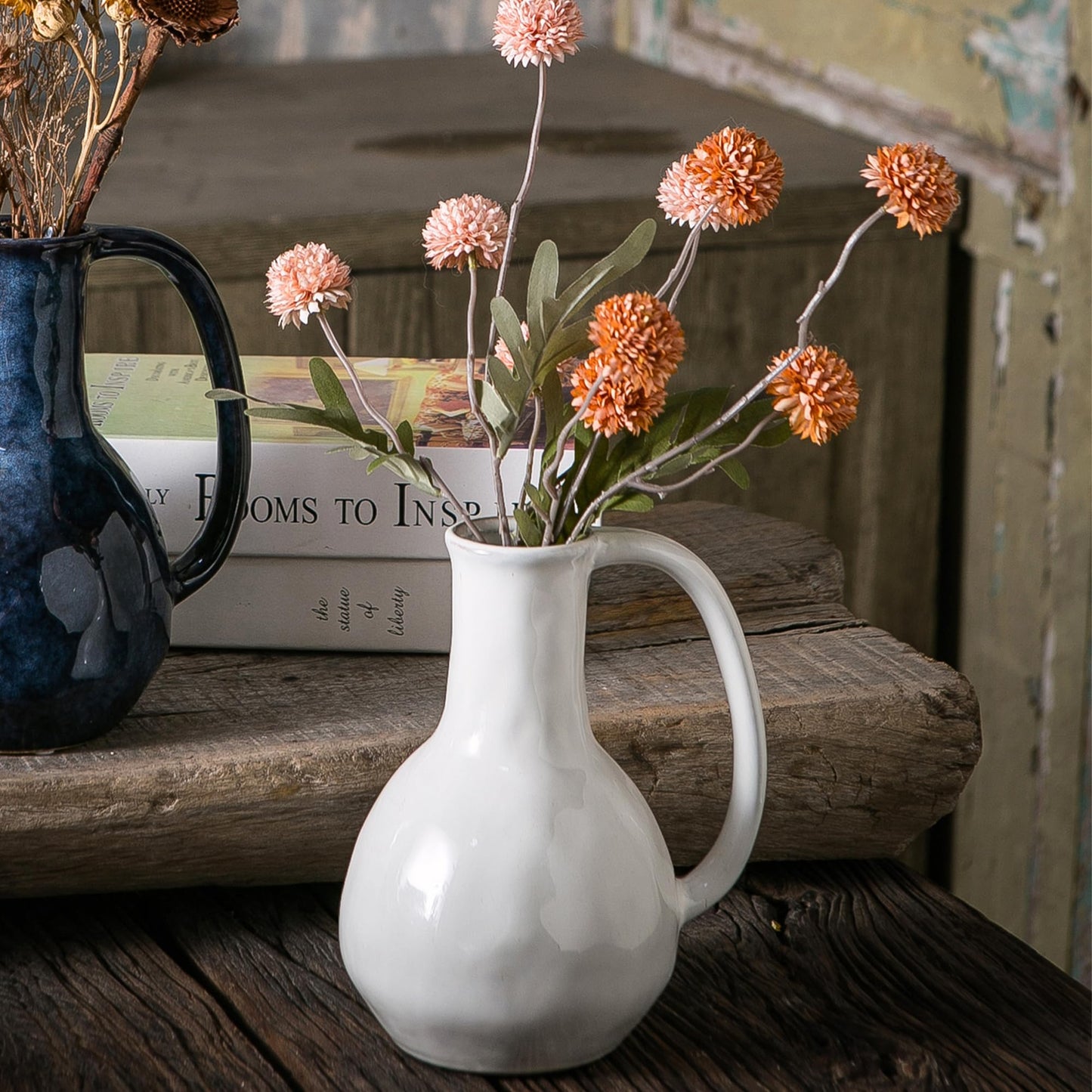 Tanvecle White Ceramic Vase with Big Handles, Modern Farmhouse Decor, Rustic Pottery for Flowers, Decorative Terracotta Centerpiece for Dining Table