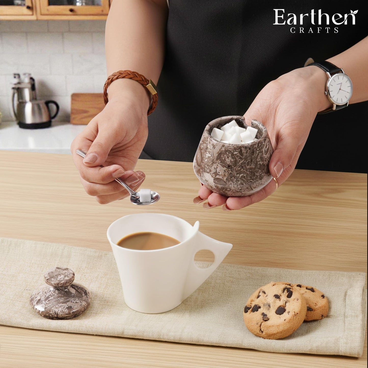 EARTHEN CRAFTS Marble Salt Cellar with Lid and Spoon 3" Inches Oceanic Salt Box, Natural Stone Salt Holder for Kitchen Counter, Sugar Container, 3 OZ Capacity