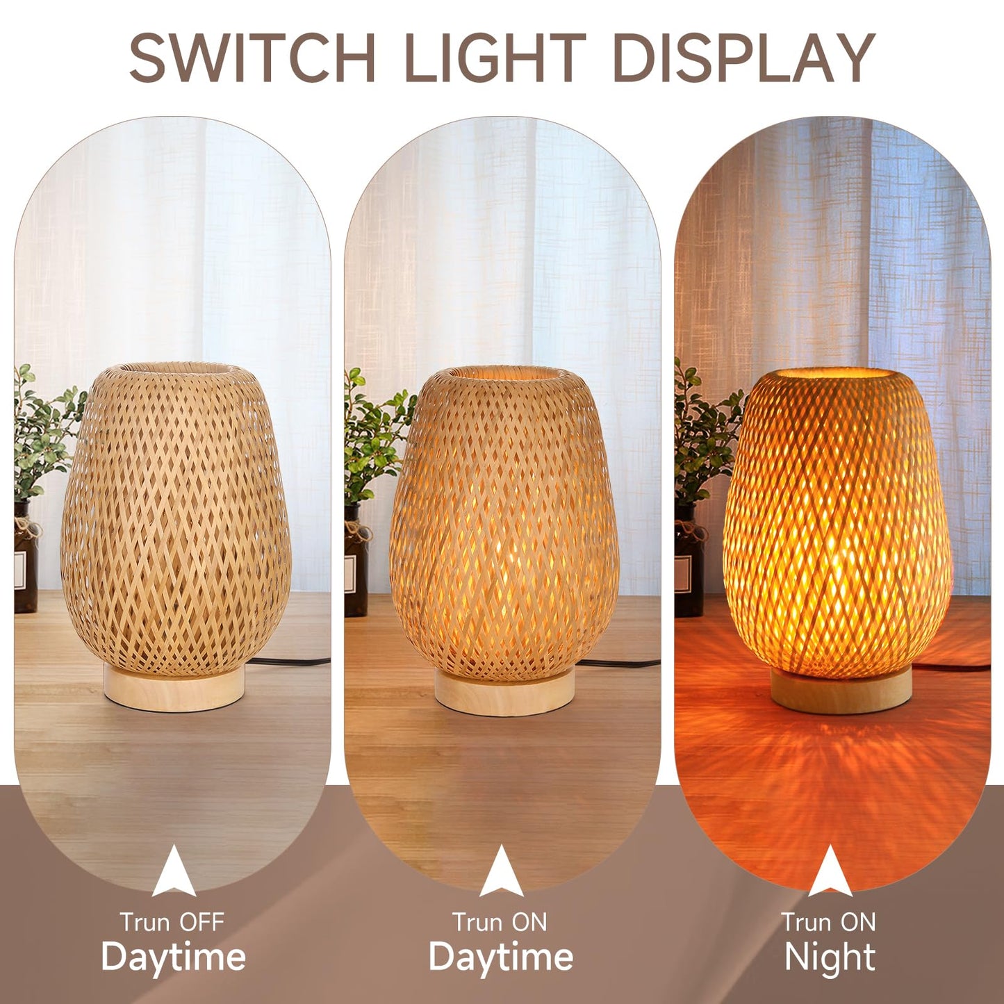 Hodevimall Boho Rattan Table Lamp, Stepless Dimmable Small Beside Lamp, Vintage Nature Wicker Wooden Nightstand Boho Bamboo Woven End Table Lamps for Bedroom Living Room Desk Kids Room