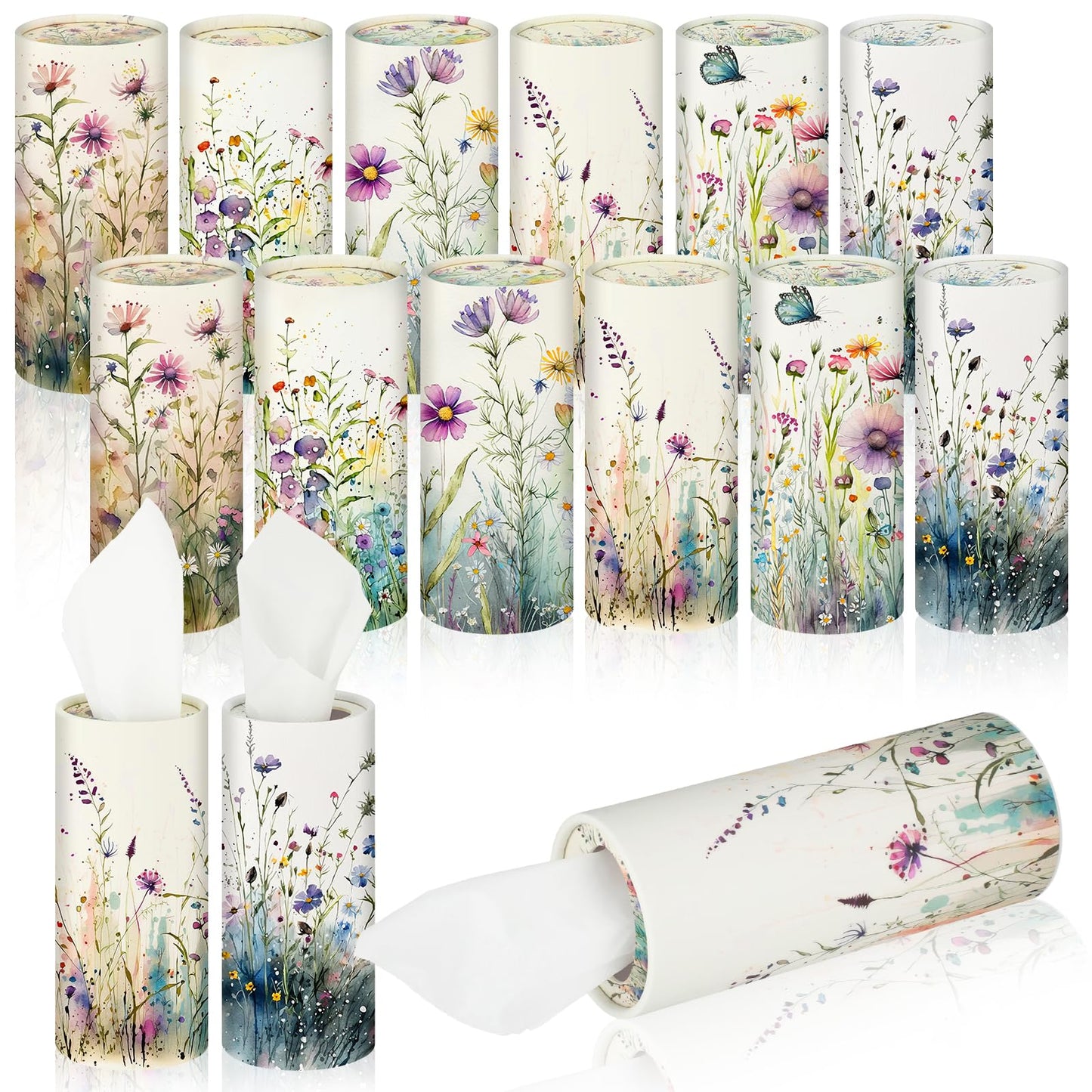 Layhit 12 Pcs Car Tissues Holder Round Facial Tissues Boxes Vintage Floral Printed Travel Cylinder Cube Holder Bulk for Car Cup Container(Flowers)
