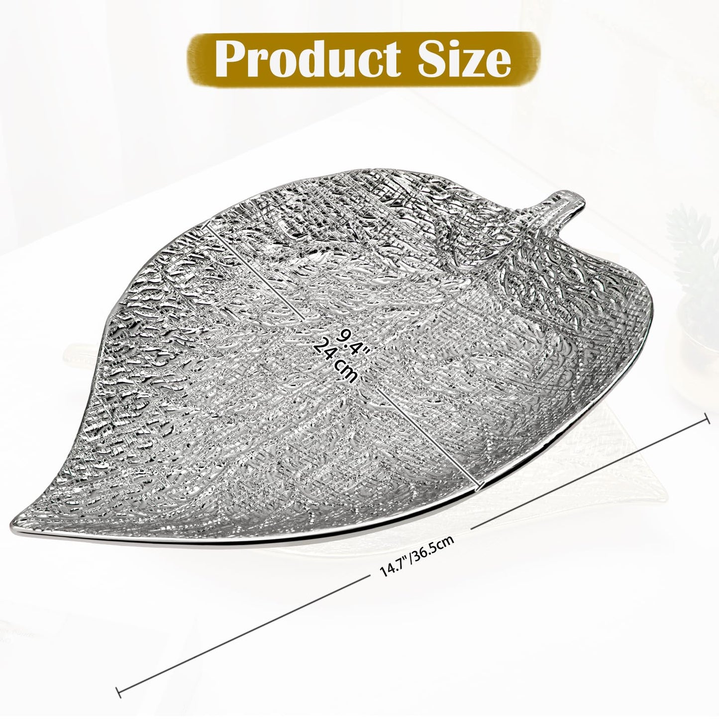 Oversized Leaf-Shaped Ceramic Jewelry Tray, 14.7" Extra Large Decorative Tray Silver Vanity Trays for Rings, Necklaces, Keys, Gifts for Mom, Coffee Table & Entryway Table Trays, 1 Pack