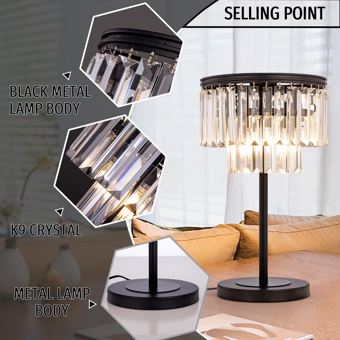 Wellmet 3 Lights Crystal Table Lamp, Bedside Lamp for Bedroom