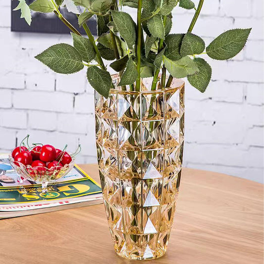 GIDARY Tall Vase,Large Vase, Clear Glass, H 10 inch,Weighs 3.3 LB,Heavy Diamond Check Pattern Crystal,for Home Decor,Bookshelf Decor,for Centerpieces (Amber)