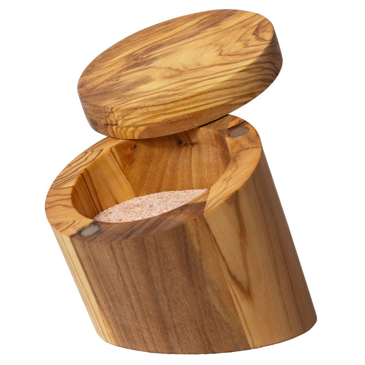 Totally Bamboo Rock & Branch Olive Wood Angled Salt Cellar Storage Box with Magnetic Swivel Lid, 3.8 Ounce Capacity