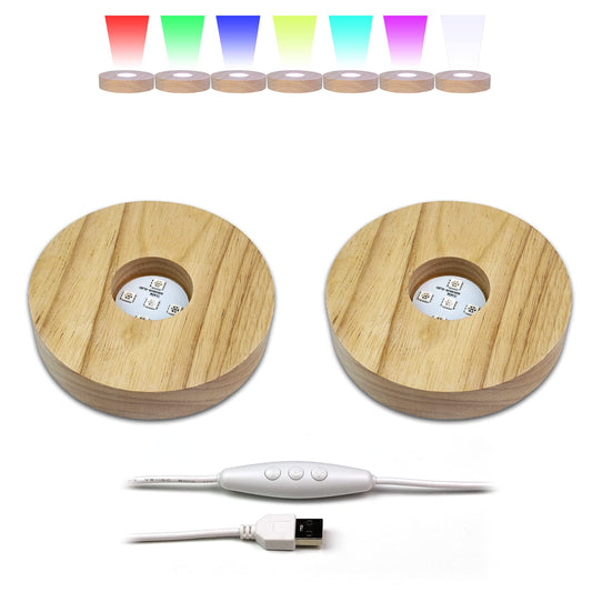 OmyLens 2 Pieces 4″ Wood 5 LED Light Base 10 Color Mode Constant Color, for Display 3D Crystal Glass Statue Art Decoration, Adjustable Speed or Brightness