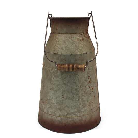 CVHOMEDECO. 10 Inch Galvanized Metal Milk Can with Wooden Handle, Old Rustic Farmhouse Pitcher Jug Vase for Home and Garden Décor. Grey