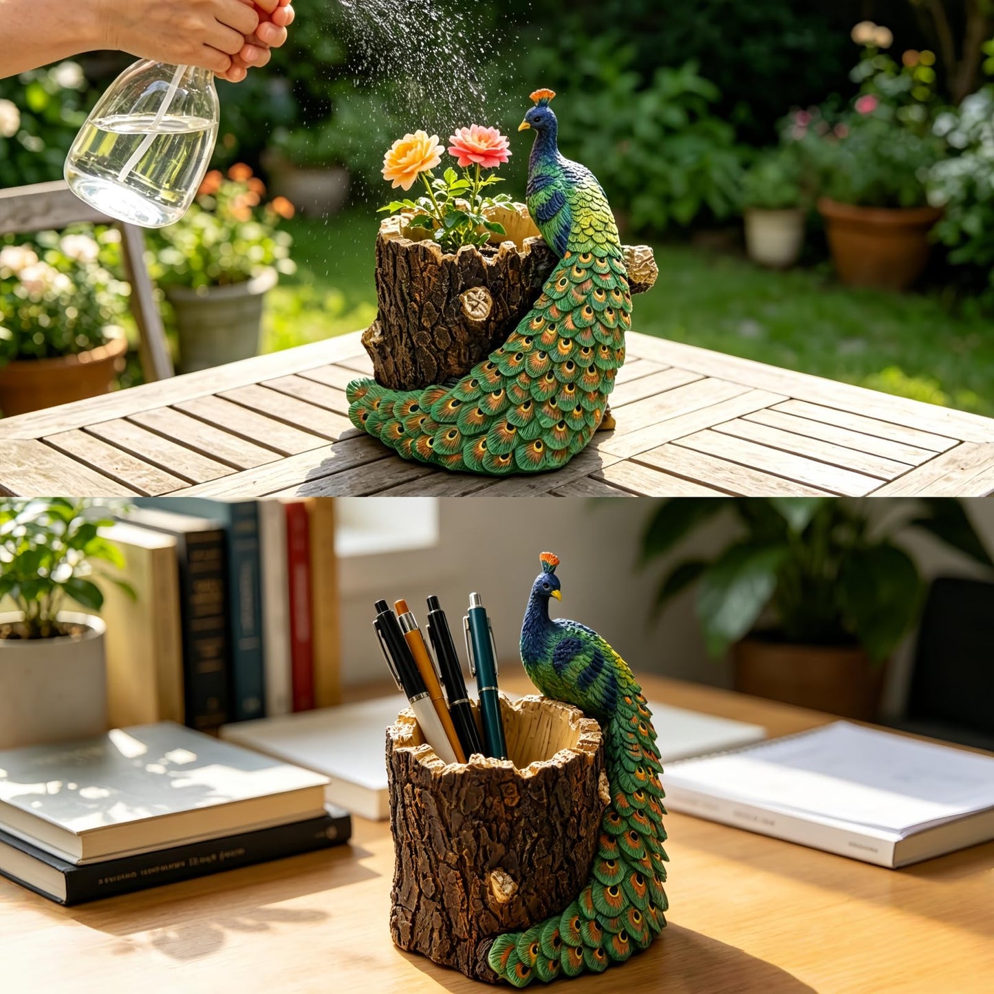 Big Stone Art Peacock Figurine Tree Stump Planter, Resin, Decorative Flower Pot for Indoor and Outdoor Use, Pen Holder Desk Organiser Nature Theme Garden Decor, Statue Sculpture (Blue)