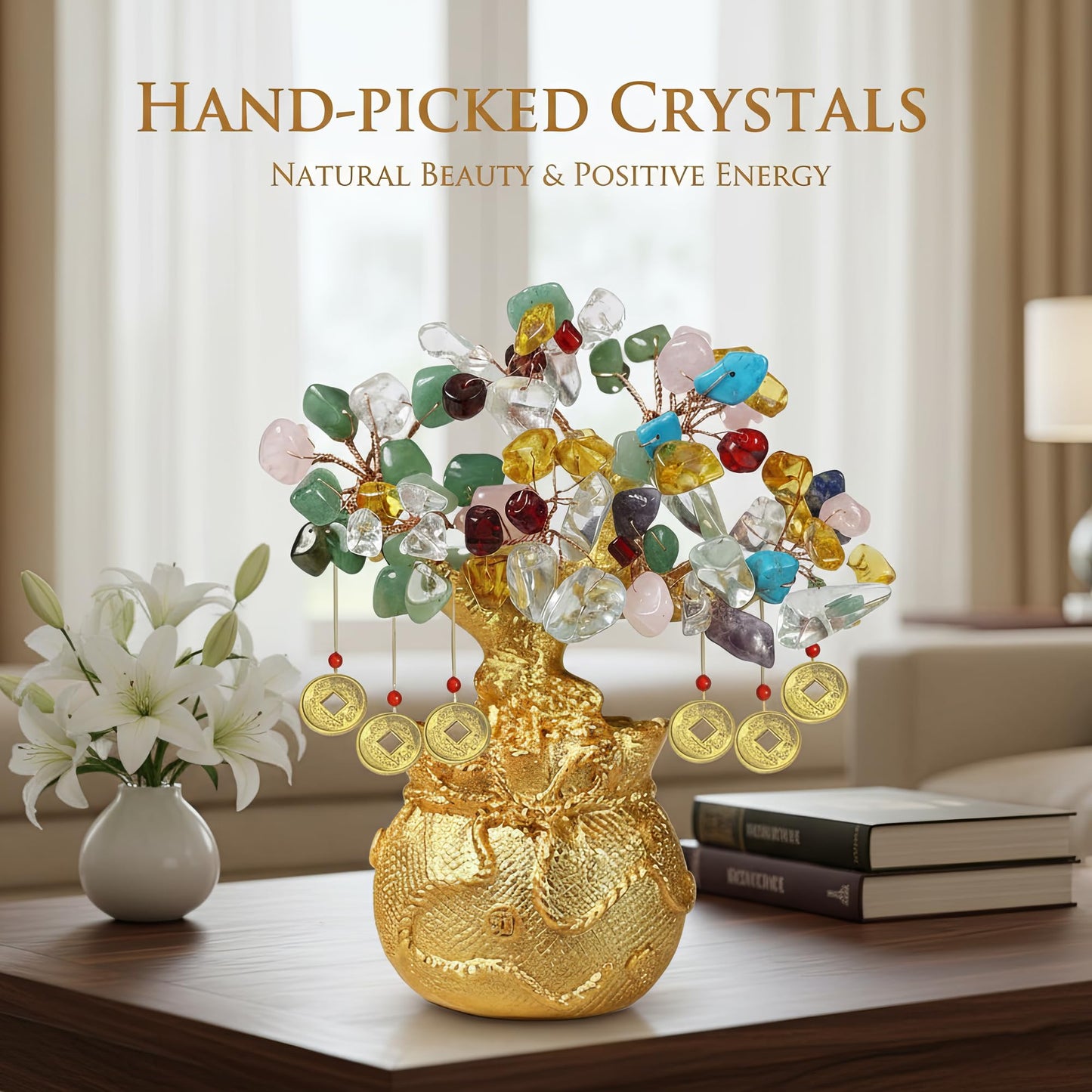LinkWheres 7 Chakra Crystal Money Tree - Tree of Life Feng Shui Wealth Decor - Golden Money Bag Bonsai - Multi Gemstone Lucky Statue for Home Office (5.5 Inch)