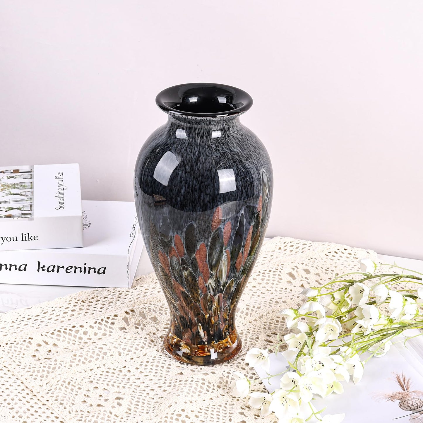 Hand Blown Glass Vase 11.8" Tall Beautiful Amber Blue Sea Wide Mouth Bud Vase for Table Centerpiece, Painted Colorful Murano Glass Flower Vases for - Home Entrance Wedding Center
