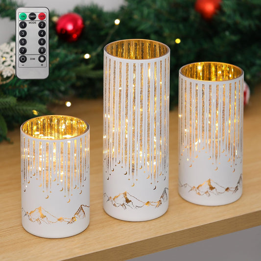 Ashroder Starry Night Hurricane Candleholders with Warm LED Lights & Remote Timer, Elegant Twinkling Decorative Centerpieces for Wedding, Dining Table, Living Room, Mantel Décor, Set of 3 (White)